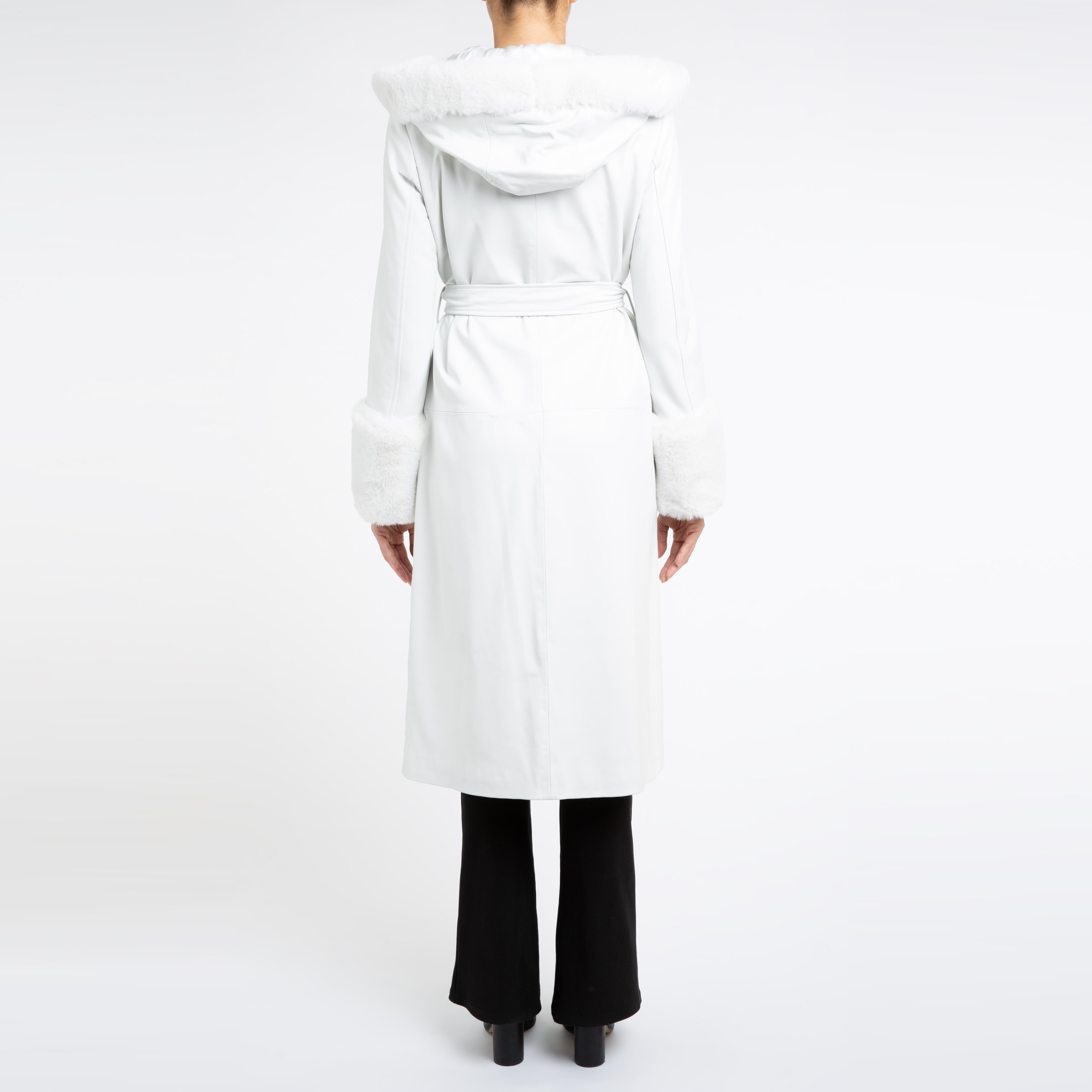 Verheyen Aurora Hooded Leather Trench Coat in White with Faux Fur - Size uk 8 For Sale 7