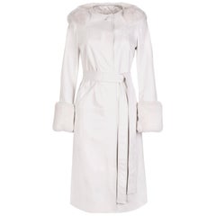 Verheyen Aurora Hooded Leather Trench Coat White with Faux Fur, size uk 6-16