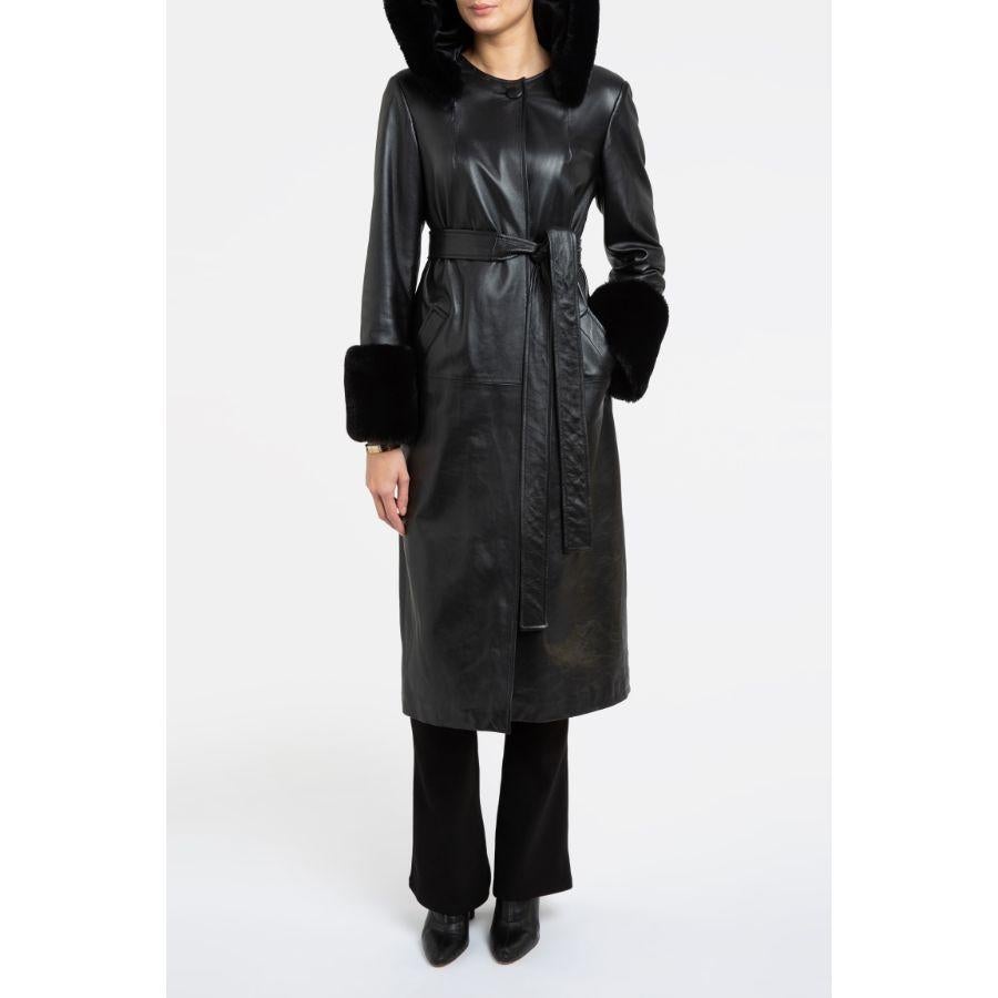 Women's Verheyen London Aurora Hooded Leather Trench Coat in Black Faux Fur, Size 10 For Sale