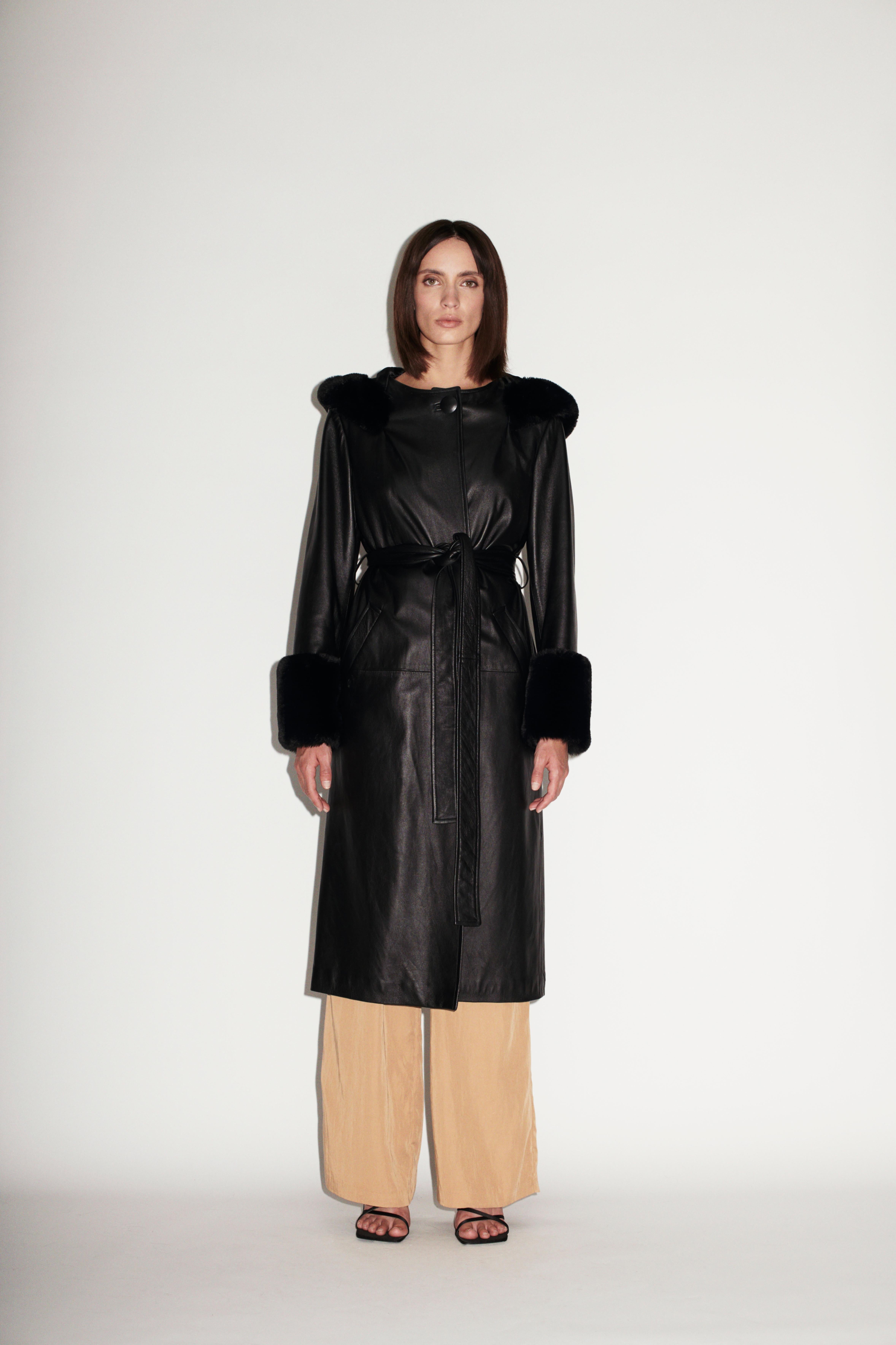 Women's Verheyen London Aurora Hooded Leather Trench Coat in Black Faux Fur, Size 10