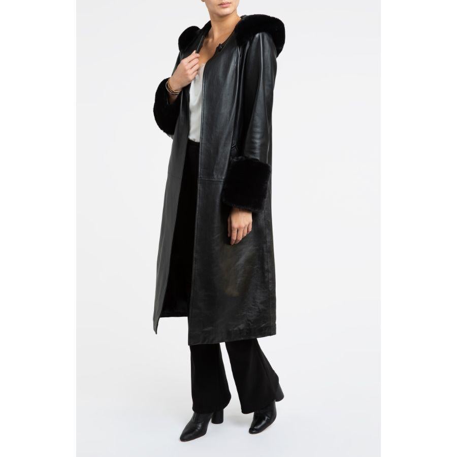 Verheyen London Aurora Hooded Leather Trench Coat in Black Faux Fur, Size 10 For Sale 1