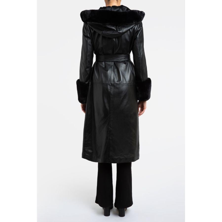 Verheyen London Aurora Hooded Leather Trench Coat in Black Faux Fur, Size 10 For Sale 3