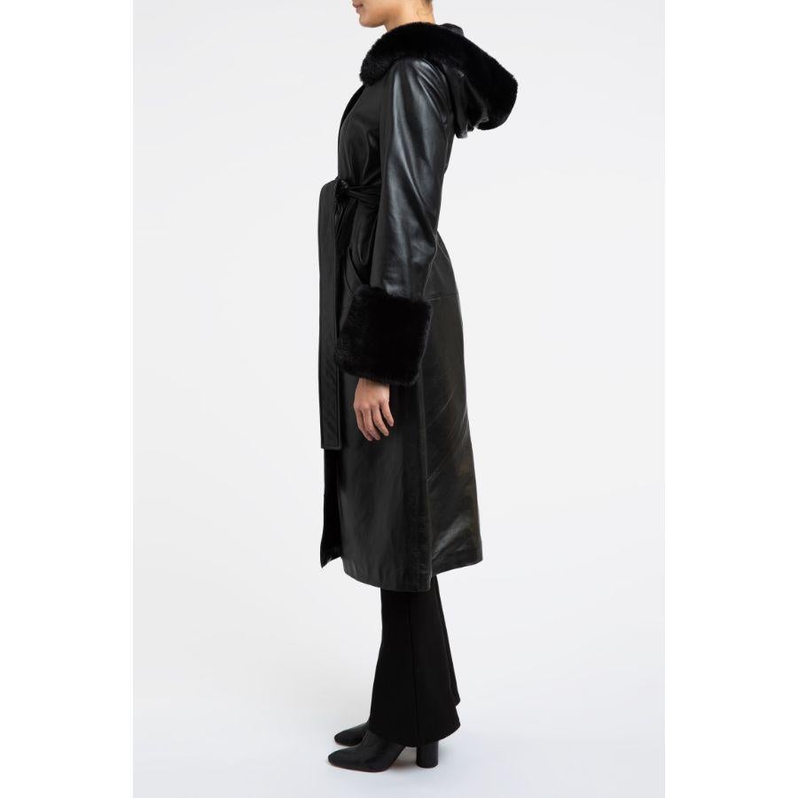 Verheyen London Aurora Hooded Leather Trench Coat in Black Faux Fur, Size 10 For Sale 2
