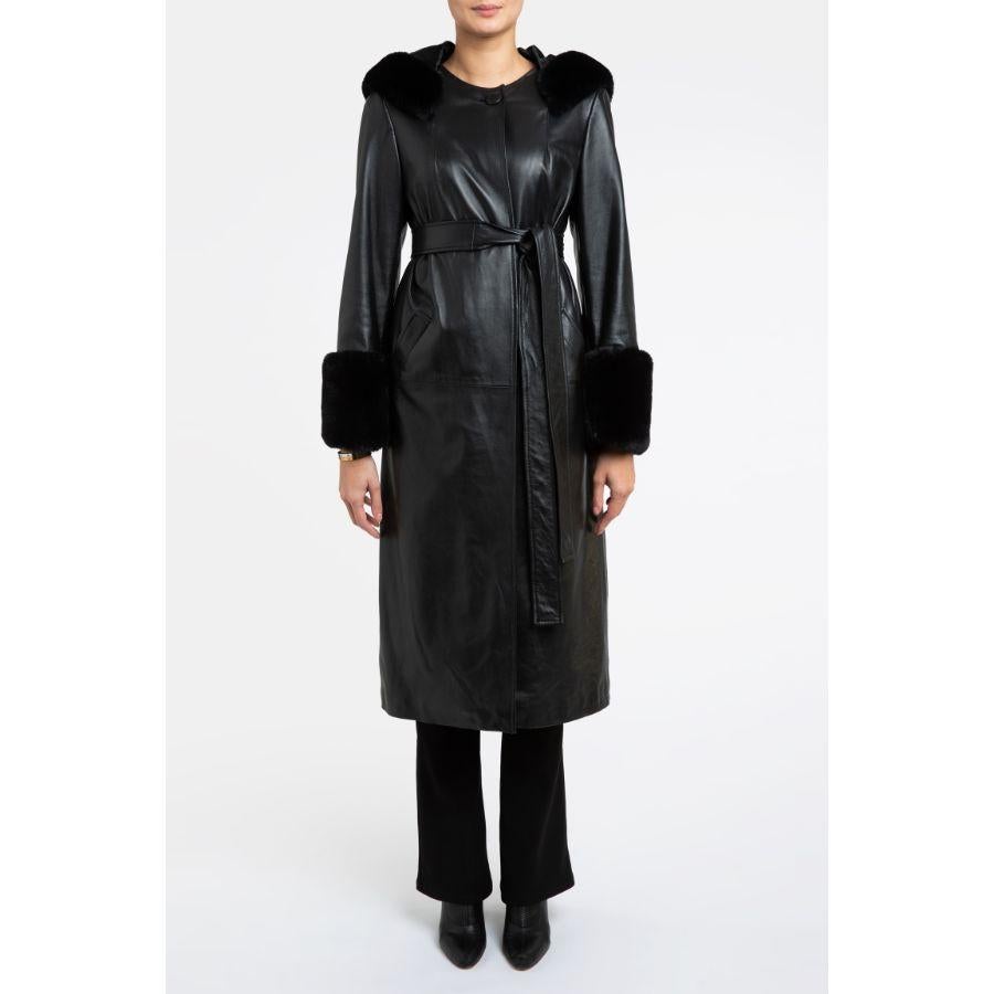 Verheyen London Aurora Hooded Leather Trench Coat in Black Faux Fur, Size 10 For Sale 2