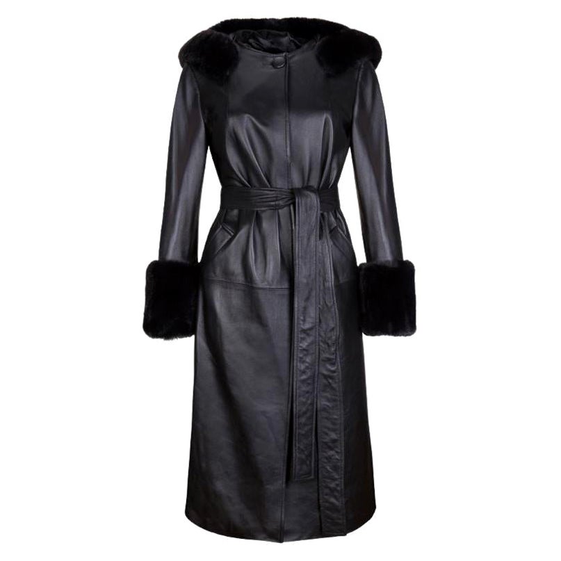 Trench-coat Aurora à capuche en cuir et fausse fourrure noire Verheyen London, Taille 10