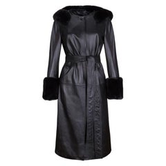 Used Verheyen London Aurora Hooded Leather Trench Coat in Black Faux Fur, Size 10