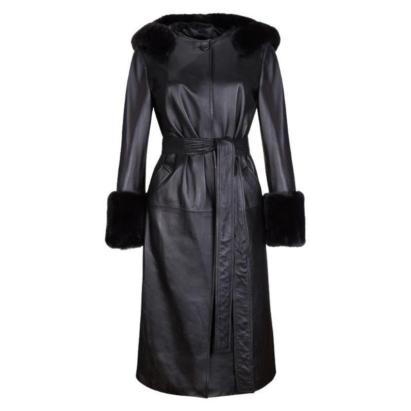 Verheyen London Aurora Hooded Leather Trench Coat in Black Faux Fur, Size 10 For Sale