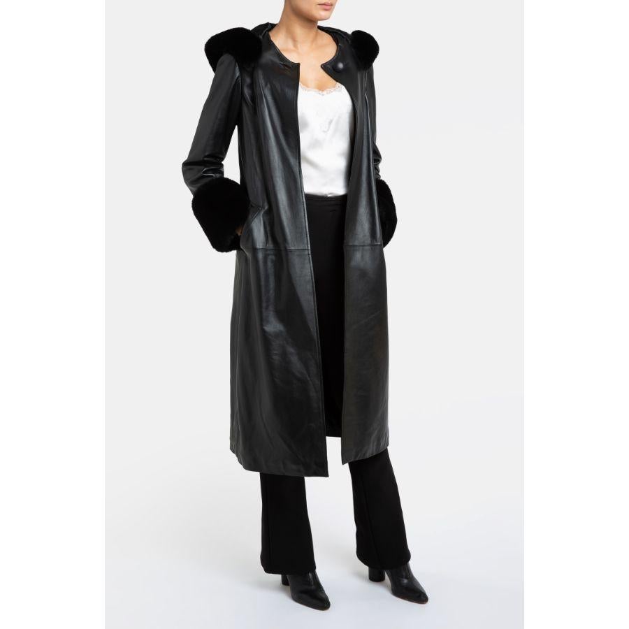 Women's Verheyen London Aurora Hooded Leather Trench Coat in Black Faux Fur, Size 12 For Sale
