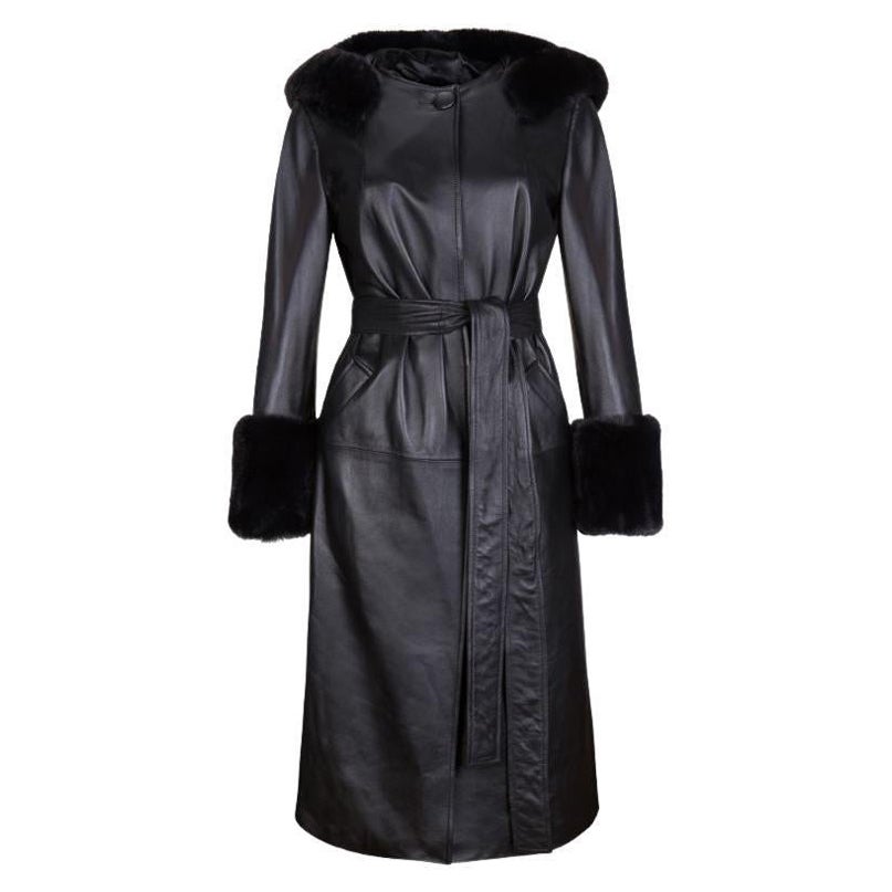 Verheyen London Aurora Hooded Leather Trench Coat in Black Faux Fur, Size 12 For Sale