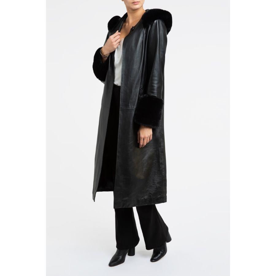 Verheyen London Aurora Hooded Leather Trench Coat in Black Faux Fur, Size 8 For Sale 1