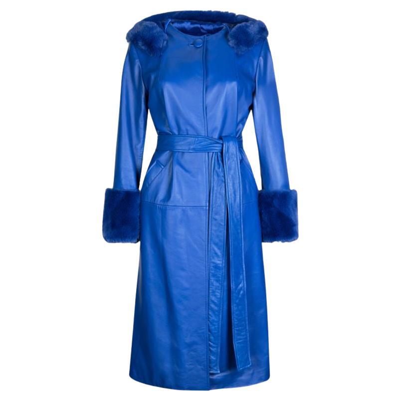 Verheyen London Aurora Leather Trench Coat in Blue with Faux Fur, Size 10 For Sale
