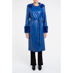 Verheyen London Aurora Leather Trench Coat in Blue with Faux Fur, Size 16