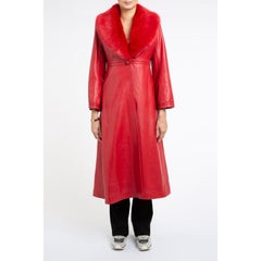Verheyen London Bespoke Edward Leather Trench Coat in Red with Faux Fur, Size 16