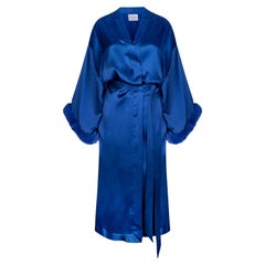 Verheyen London Blue Kimono Dress Italian Silk Satin & Faux Fur - One Size