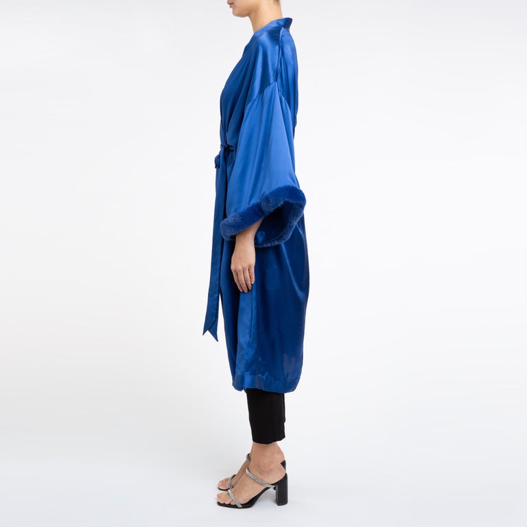 Verheyen London Blue Kimono in Italian Silk Satin with Faux Fur - Size small  In New Condition For Sale In London, GB