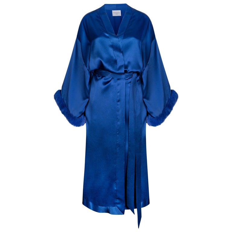 Verheyen London Blue Kimono in Italian Silk Satin with Faux Fur - Size small  For Sale