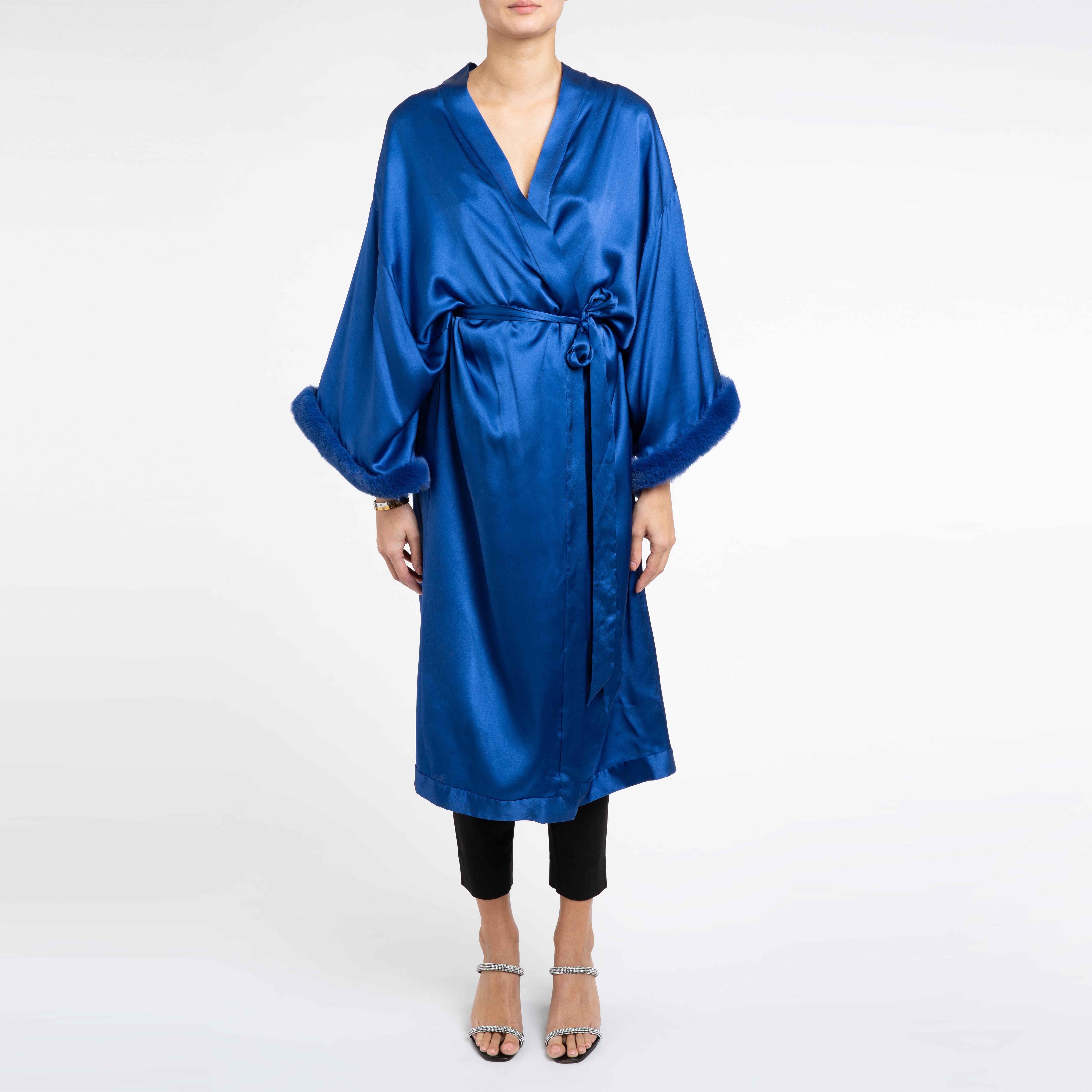 Verheyen London Blue Kimono in Italian Silk Satin with Faux Fur - Small-medium  For Sale 1