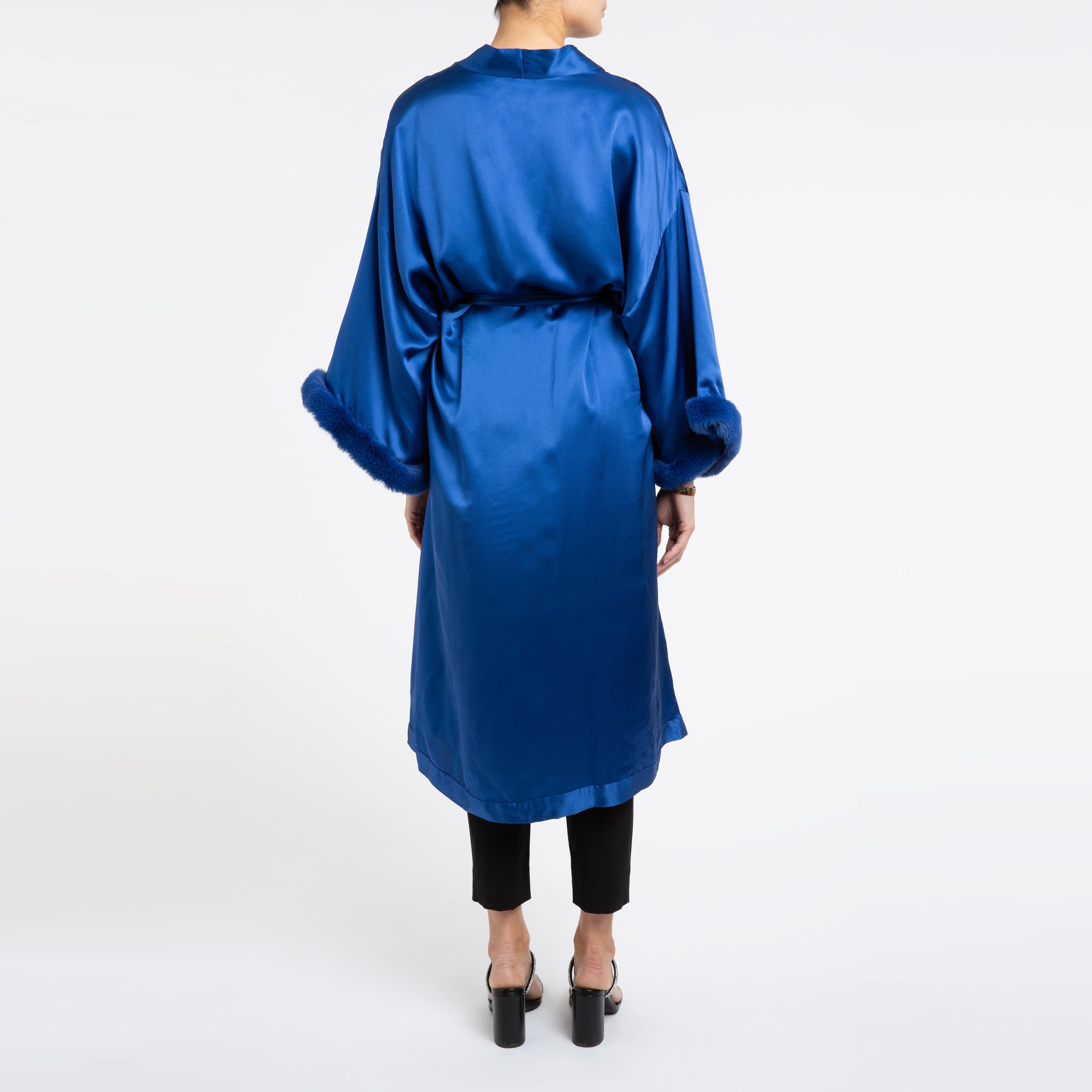 Verheyen London Blue Kimono in Italian Silk Satin with Faux Fur - Small-medium  For Sale 2