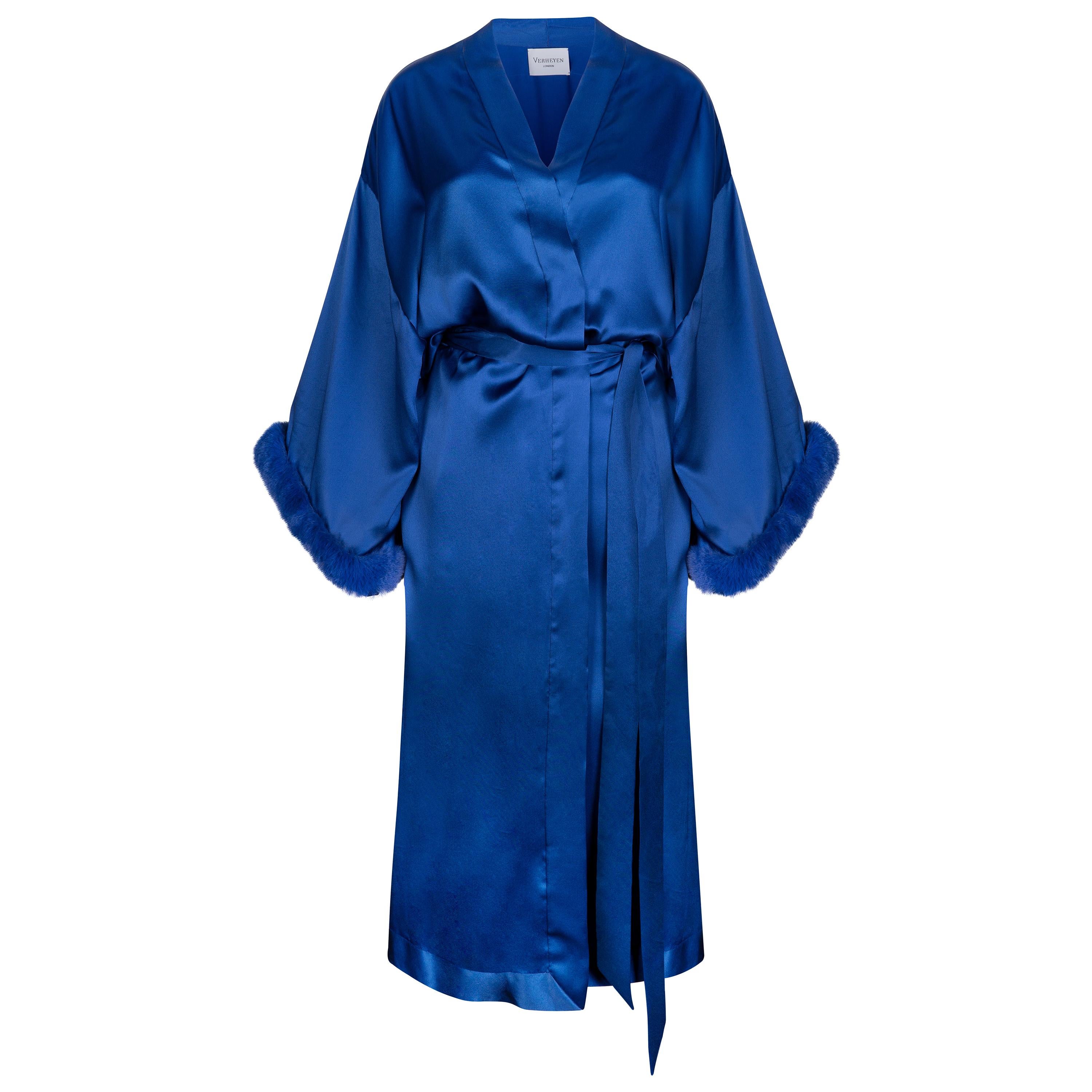 Verheyen London Blue Kimono in Italian Silk Satin with Faux Fur - One Size 