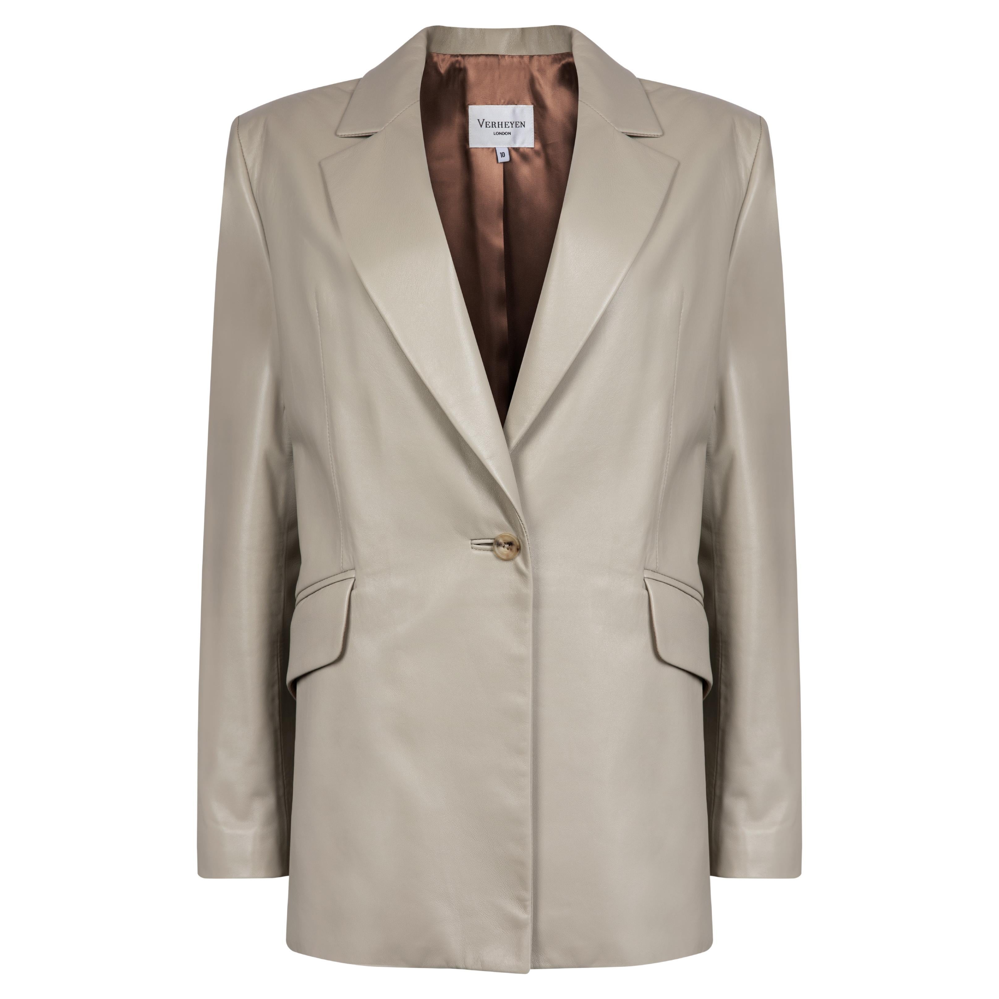 Verheyen London Chesca Oversize Blazer in Stone Grey Leather, Size 8 For Sale