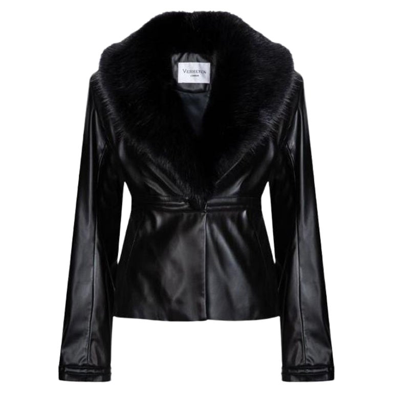 Giacca Verheyen London Cropped Edward in pelle nera con pelliccia sintetica, taglia 10