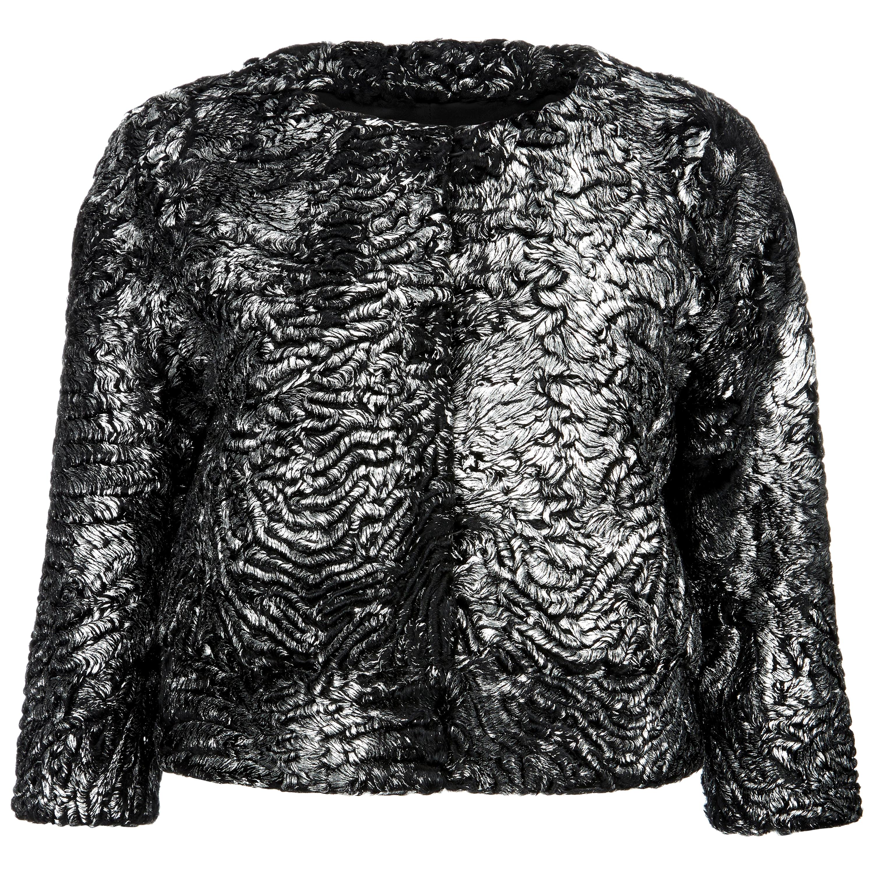 Verheyen London Cropped Jacket in Swakara Lamb Fur in Metallic Silver -Brand new