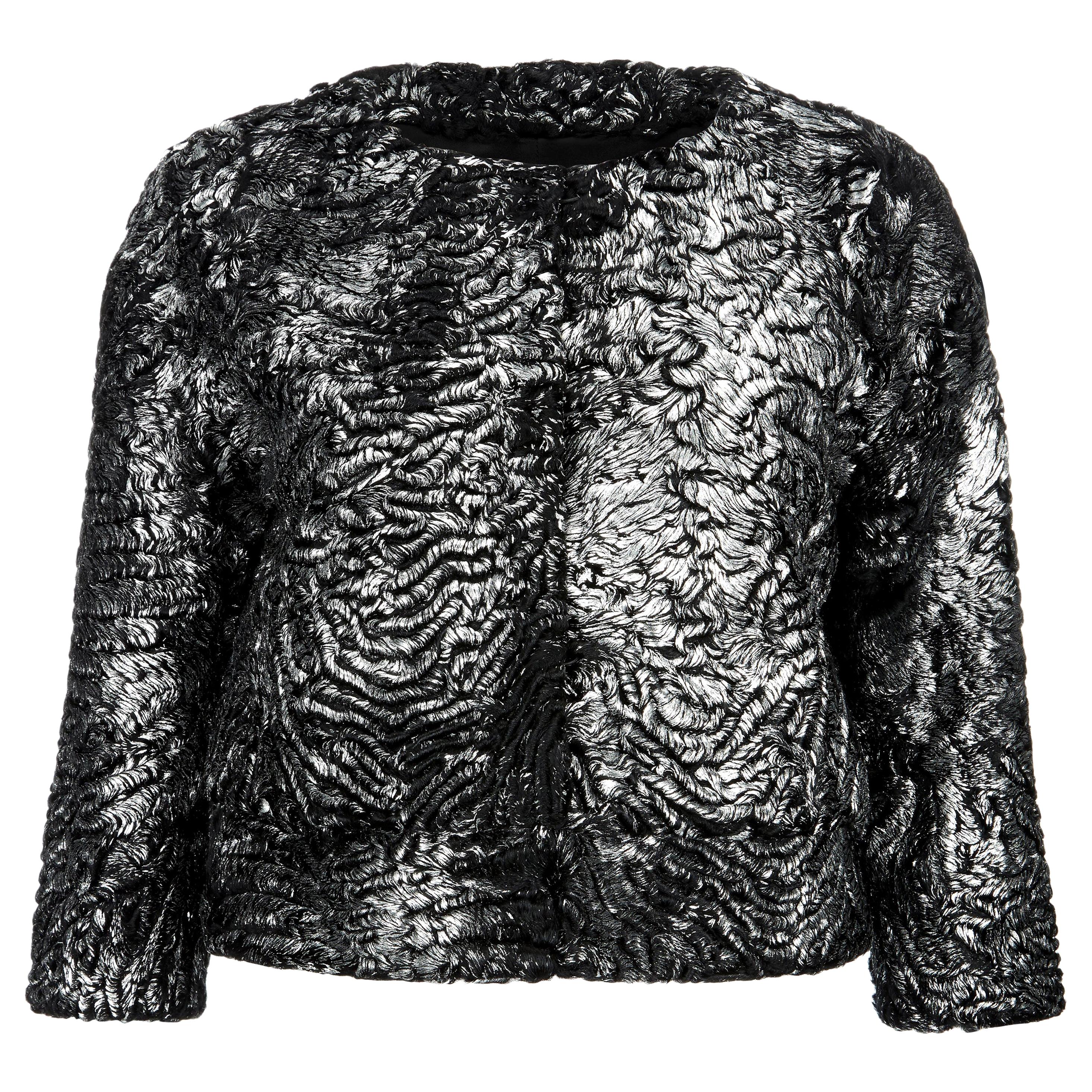 Verheyen London Cropped Jacket in Swakara Lamb Fur in Metallic Silver -Brand new