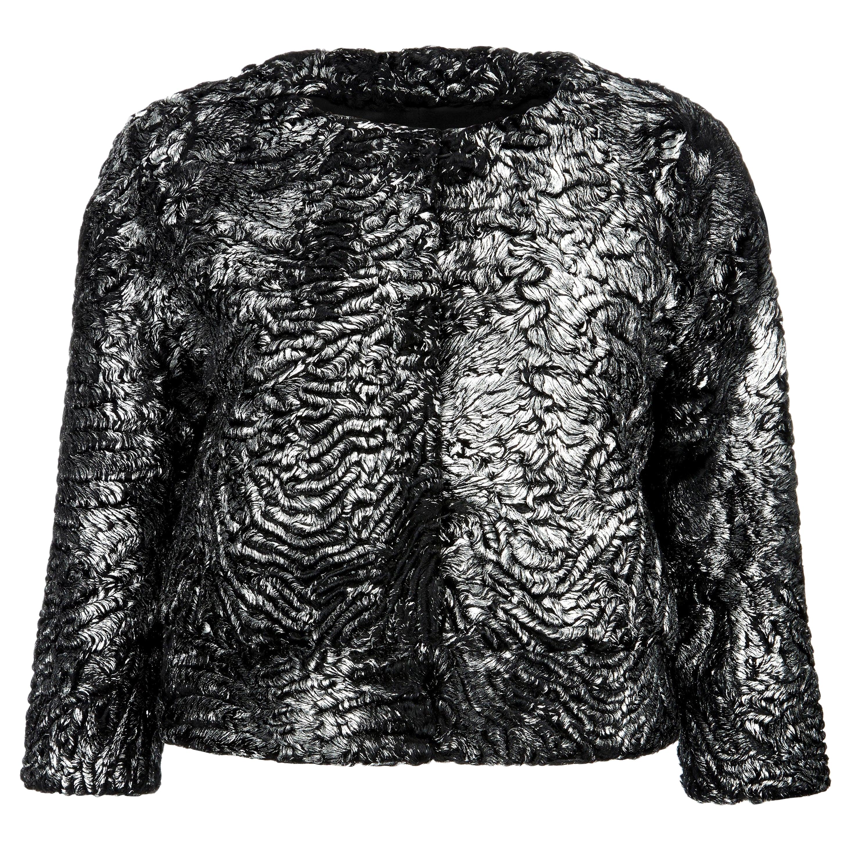 Verheyen London Cropped Jacket in Swakara Lamb Fur in Metallic Silver - Size 8 
