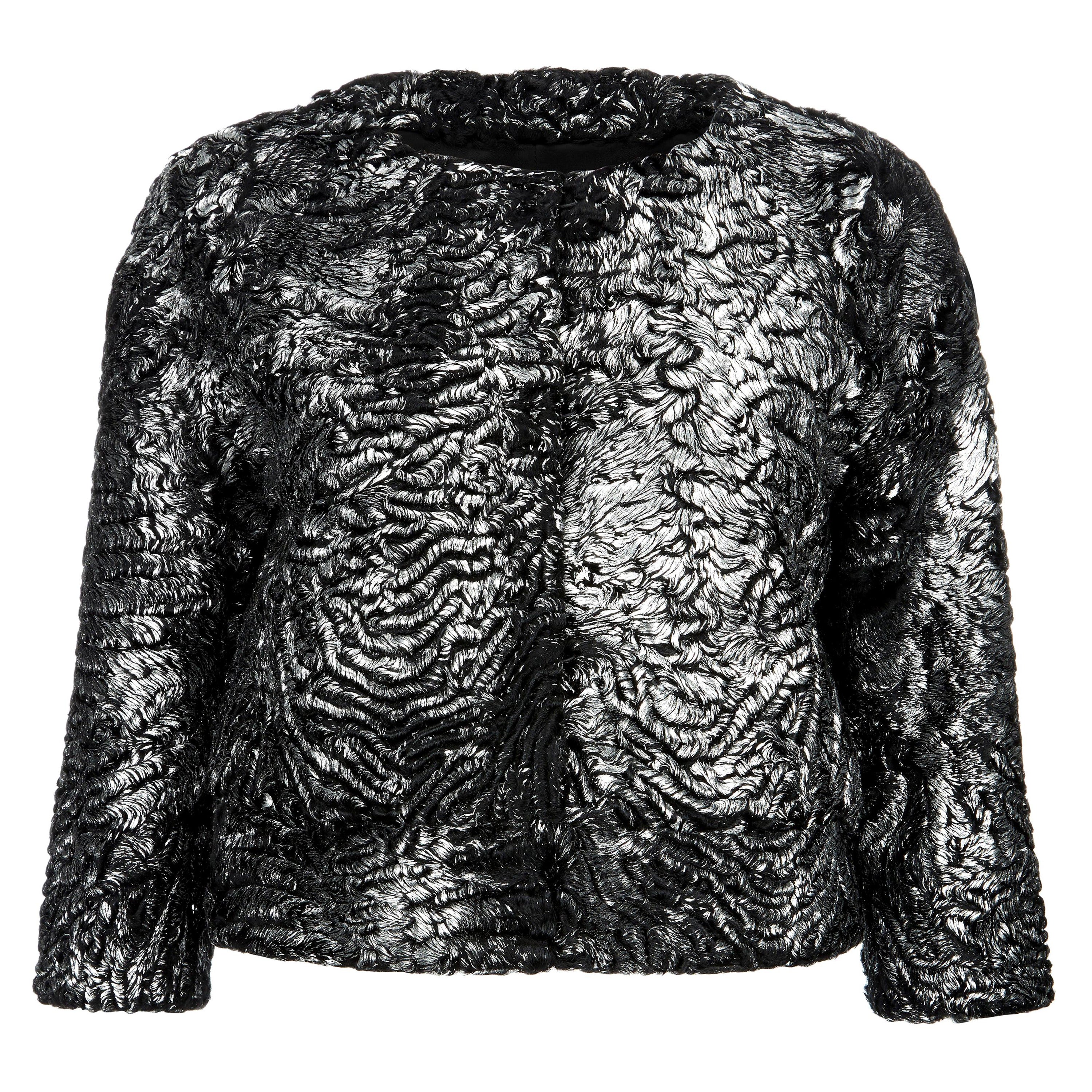 Verheyen London Cropped Jacket in Swakara Lamb Fur in Metallic Silver Size uk 8