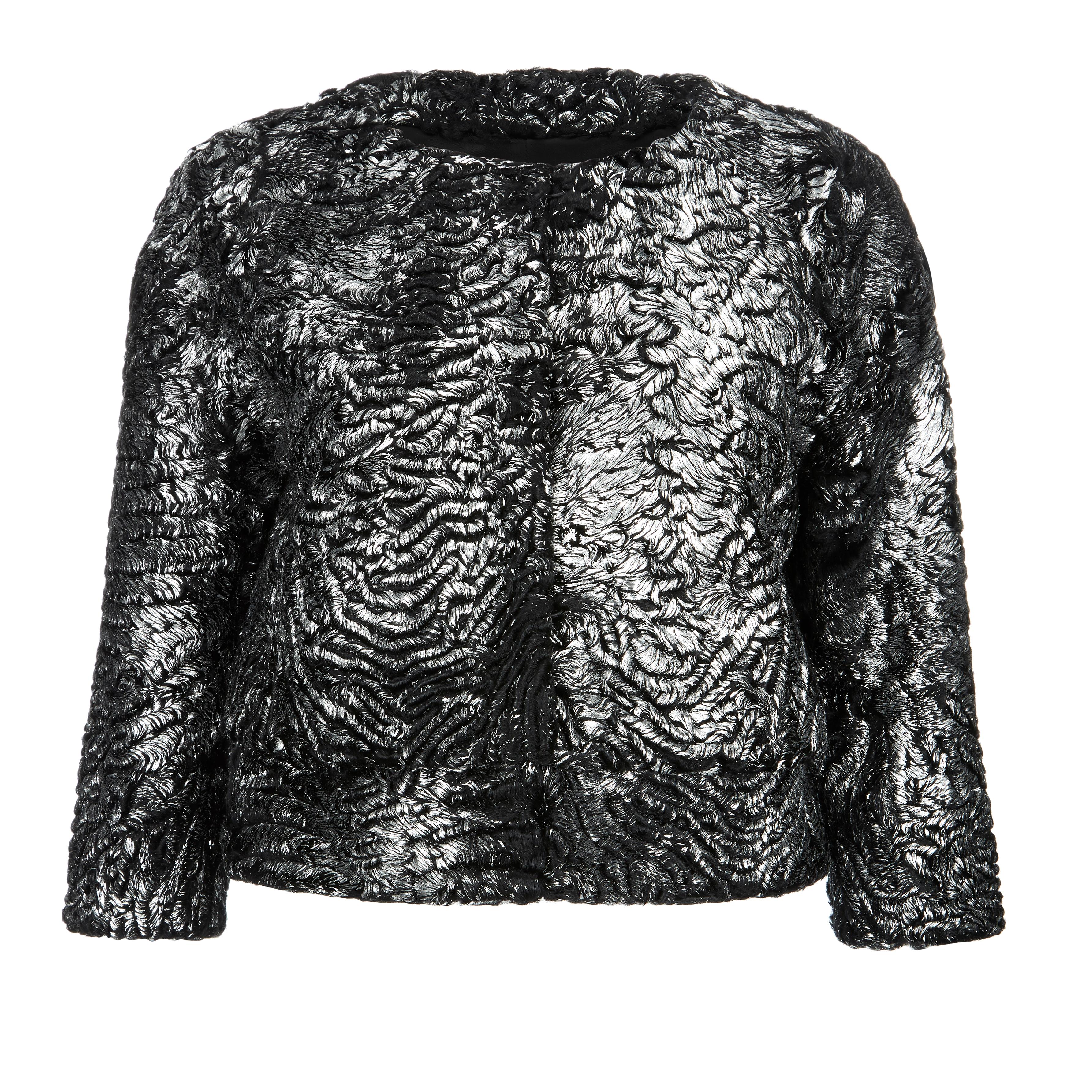 Verheyen London Cropped Jacket in Swakara Lamb Fur in Metallic Silver Size uk 8