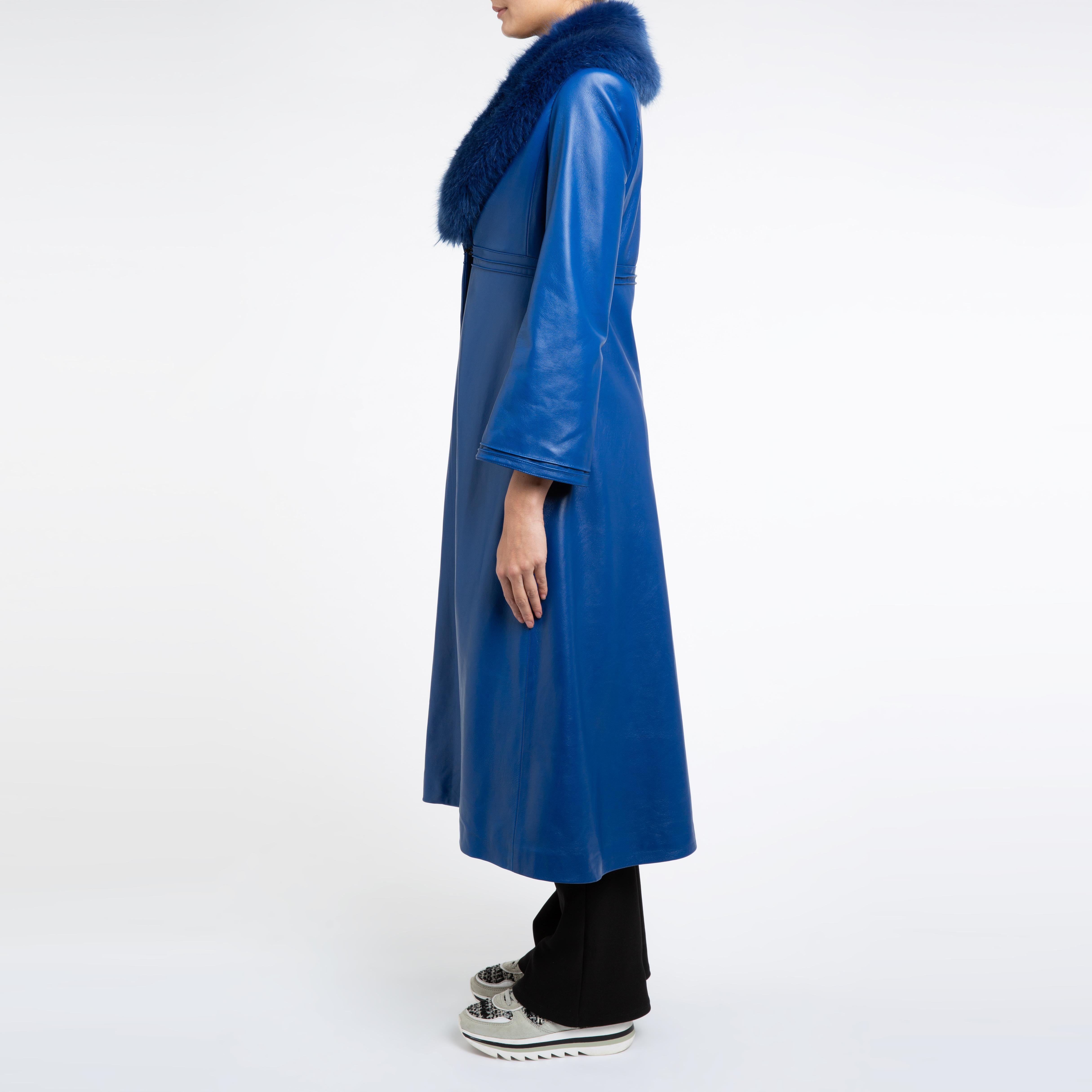 Women's Verheyen London Edward Leather Coat in Blue with Faux Fur - Size uk 12 For Sale