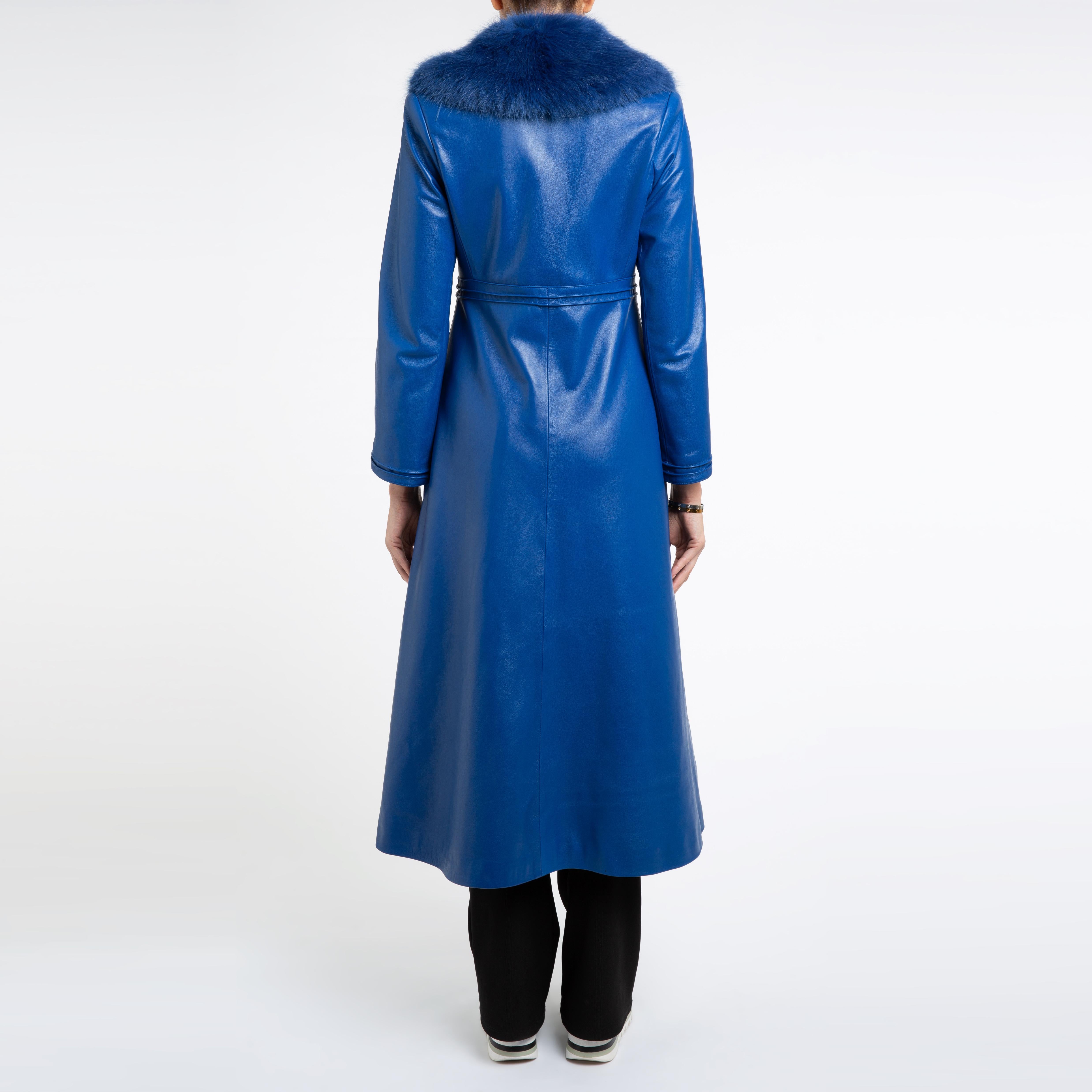 Manteau Edward en cuir bleu avec fausse fourrure Verheyen London, Taille UK 12 en vente 1