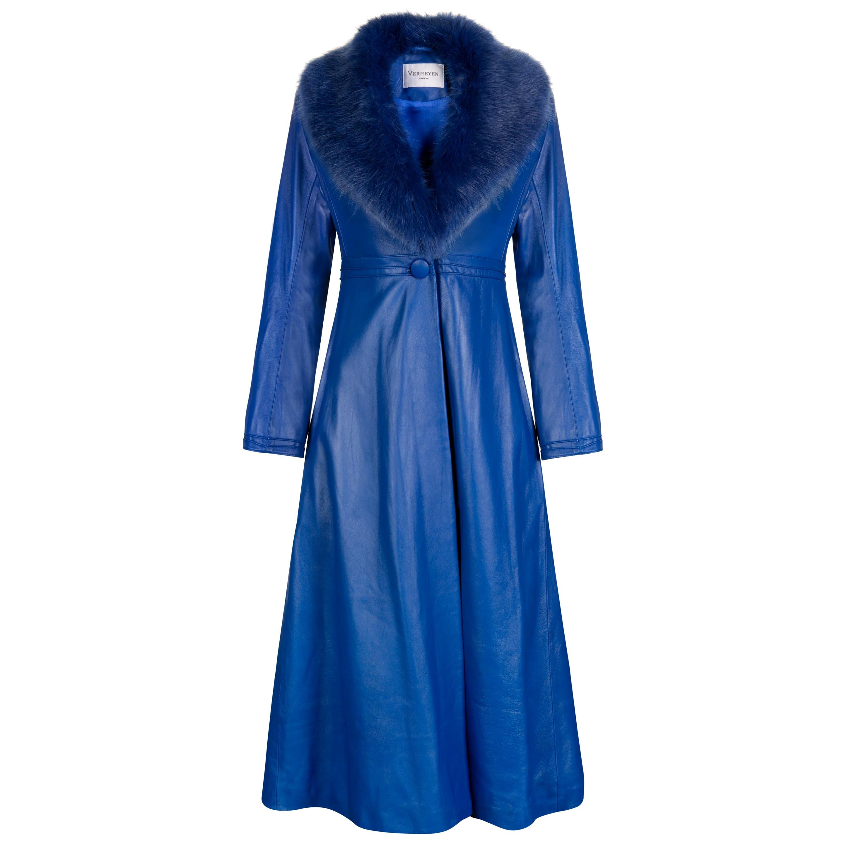 Verheyen London Edward Leather Coat in Blue with Faux Fur - Size uk 12 For Sale