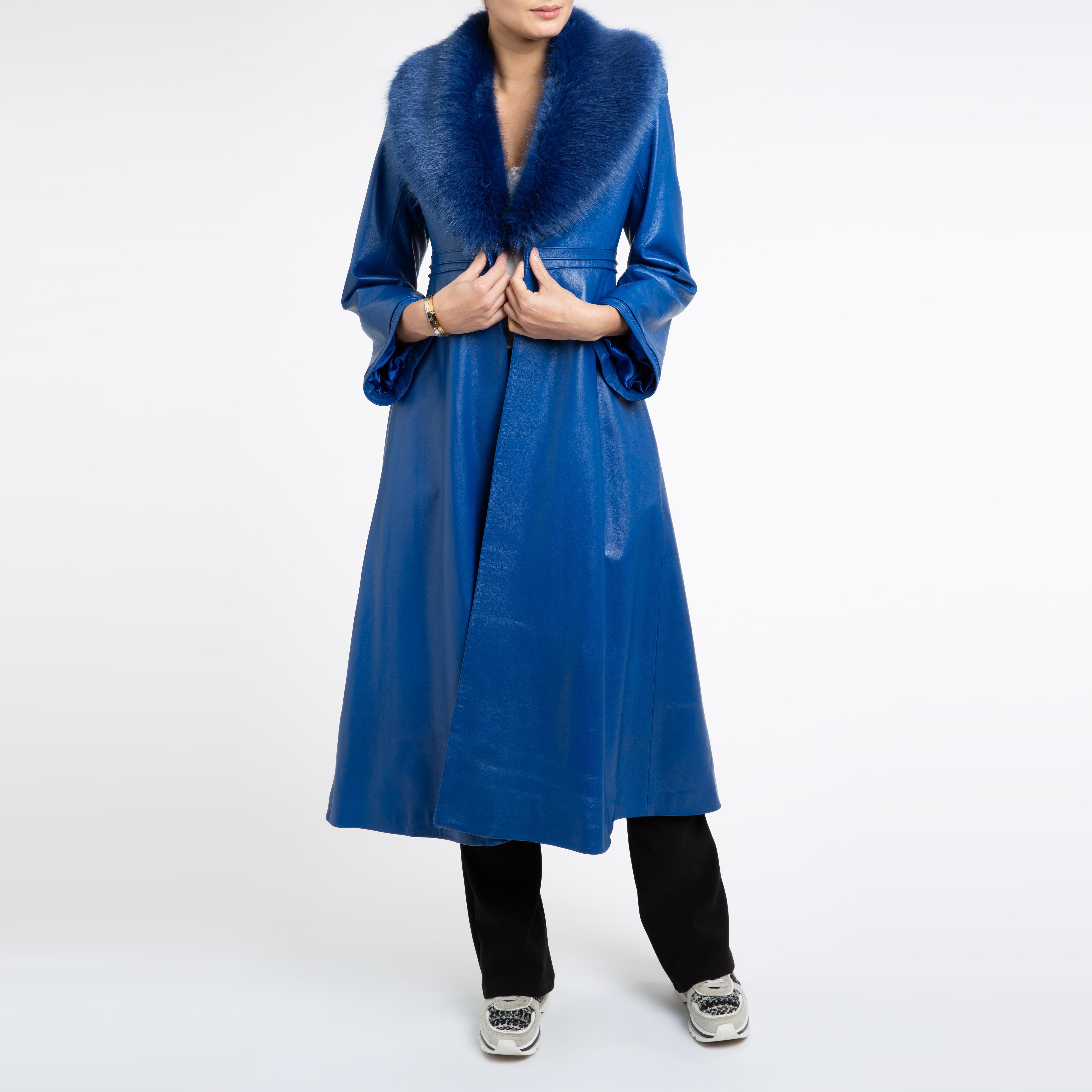 Manteau en cuir bleu Verheyen London Edward avec fausse fourrure - Taille UK 14 en vente 2