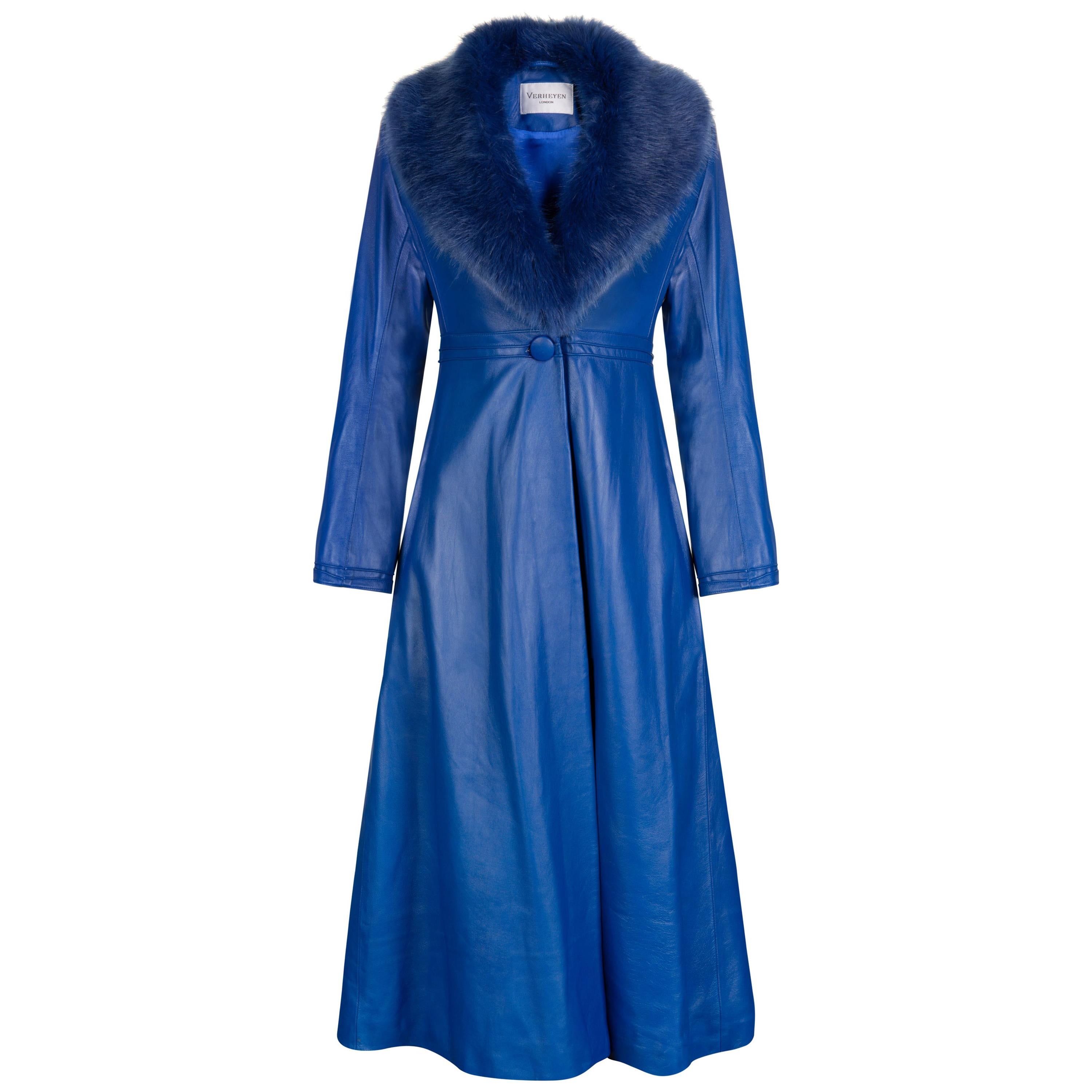 Manteau en cuir bleu Verheyen London Edward avec fausse fourrure - Taille UK 14 en vente