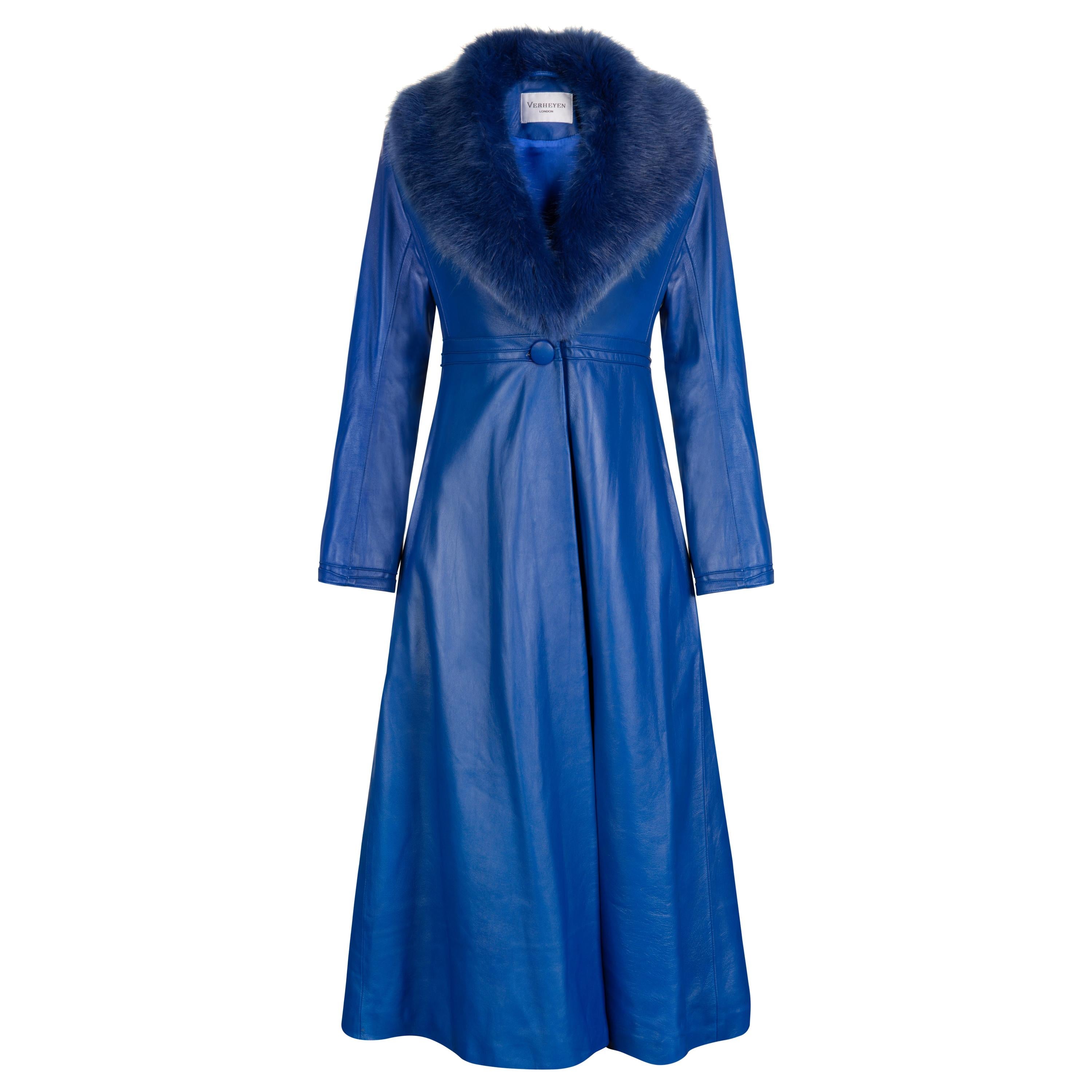 Verheyen London Edward Leather Coat in Blue with Faux Fur - Size uk 8 For Sale