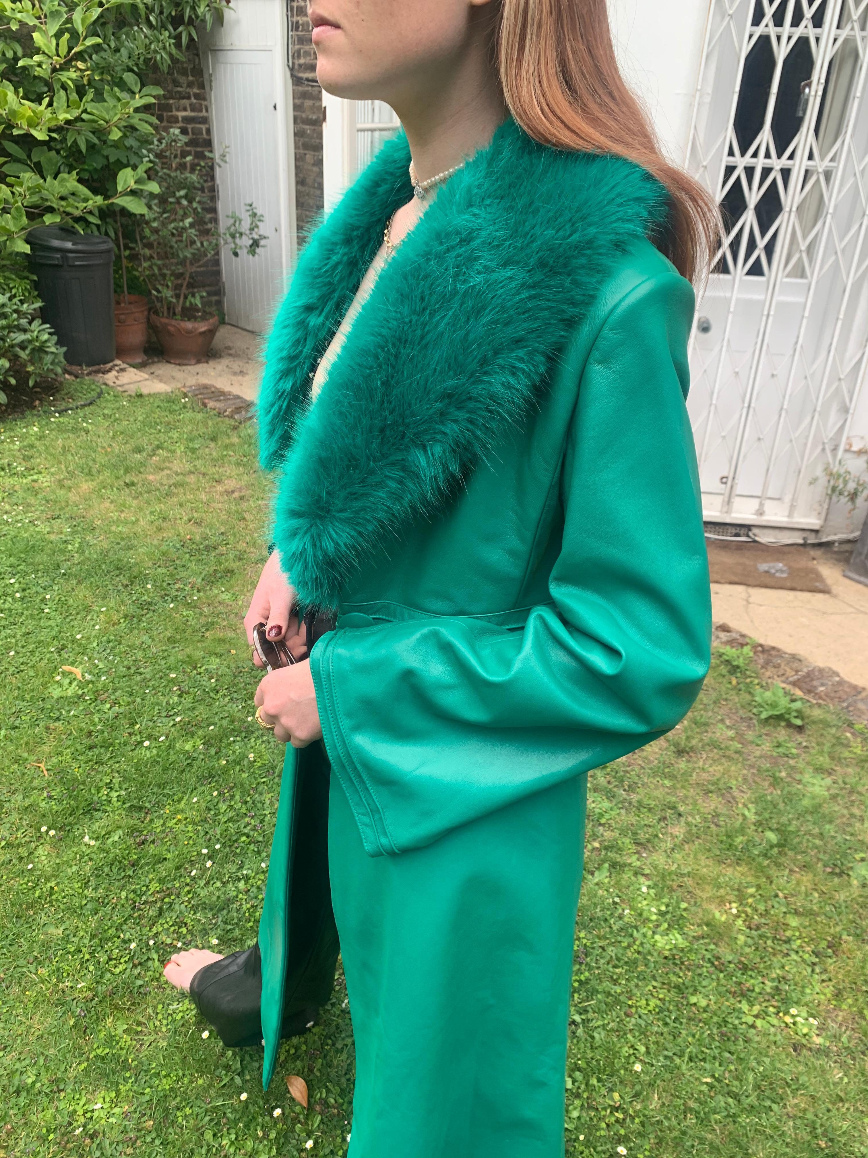 Verheyen London Edward Leather Coat in Emerald Green & Green Faux Fur 

The Edward Leather Coat created by Verheyen London is a romantic design inspired by the 1970s and Edwardian Era of Fashion.  A timeless design to be be worn for a lifetime and