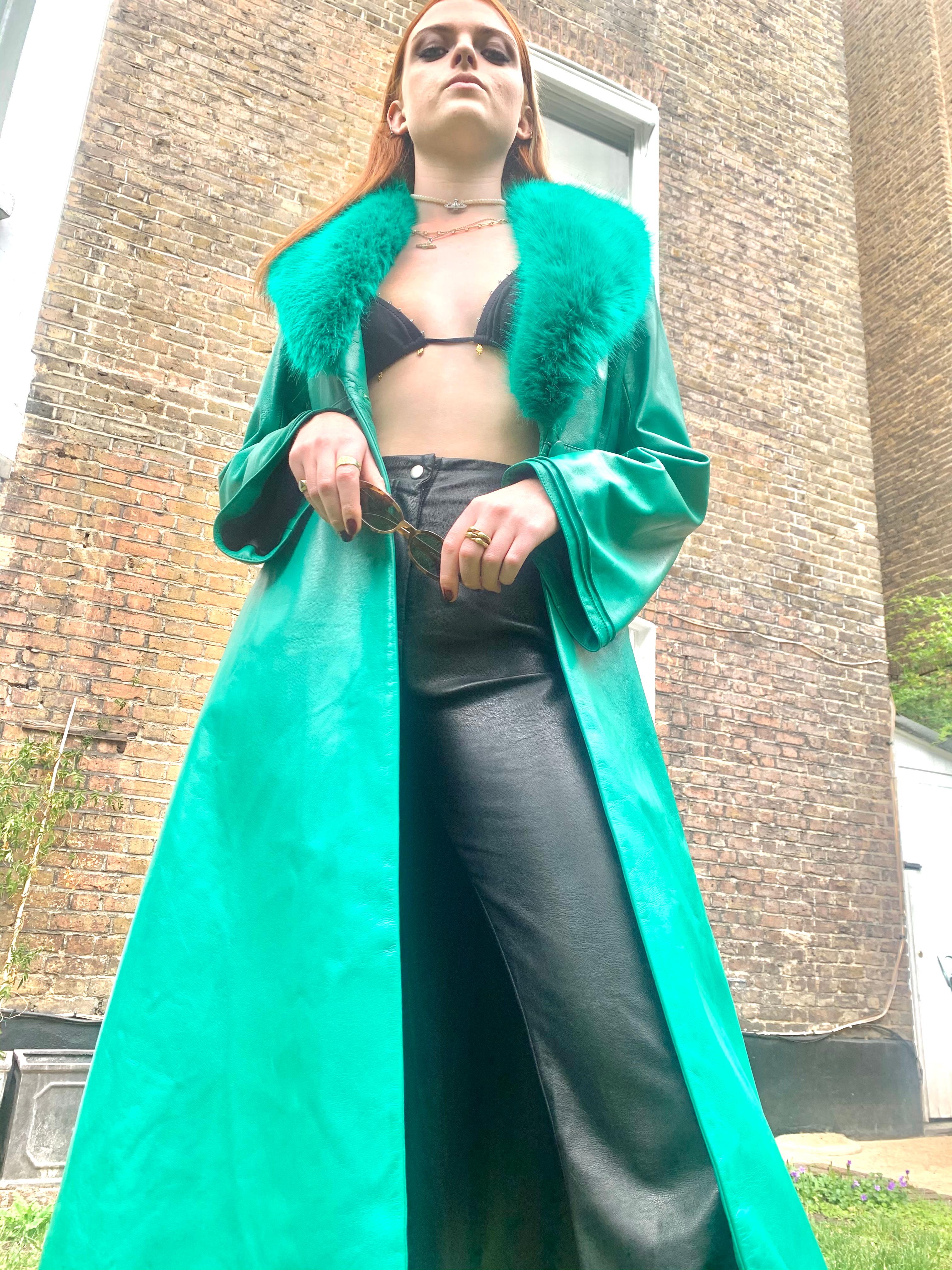 Women's Verheyen London Edward Leather Coat in Green & Green Faux Fur For Sale
