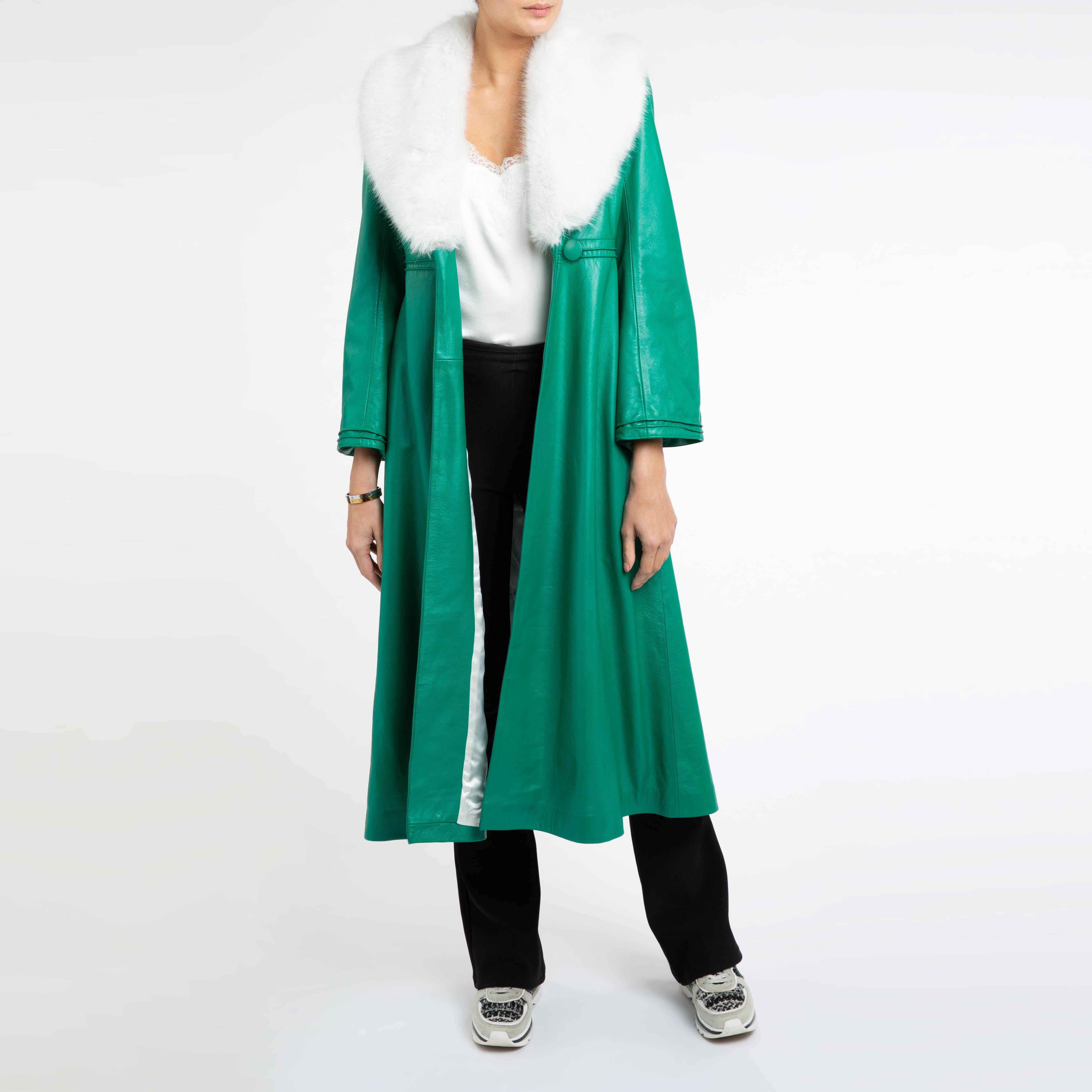 Verheyen London Edward Leather Coat in Green & White Faux Fur - Size 12 UK  For Sale 5