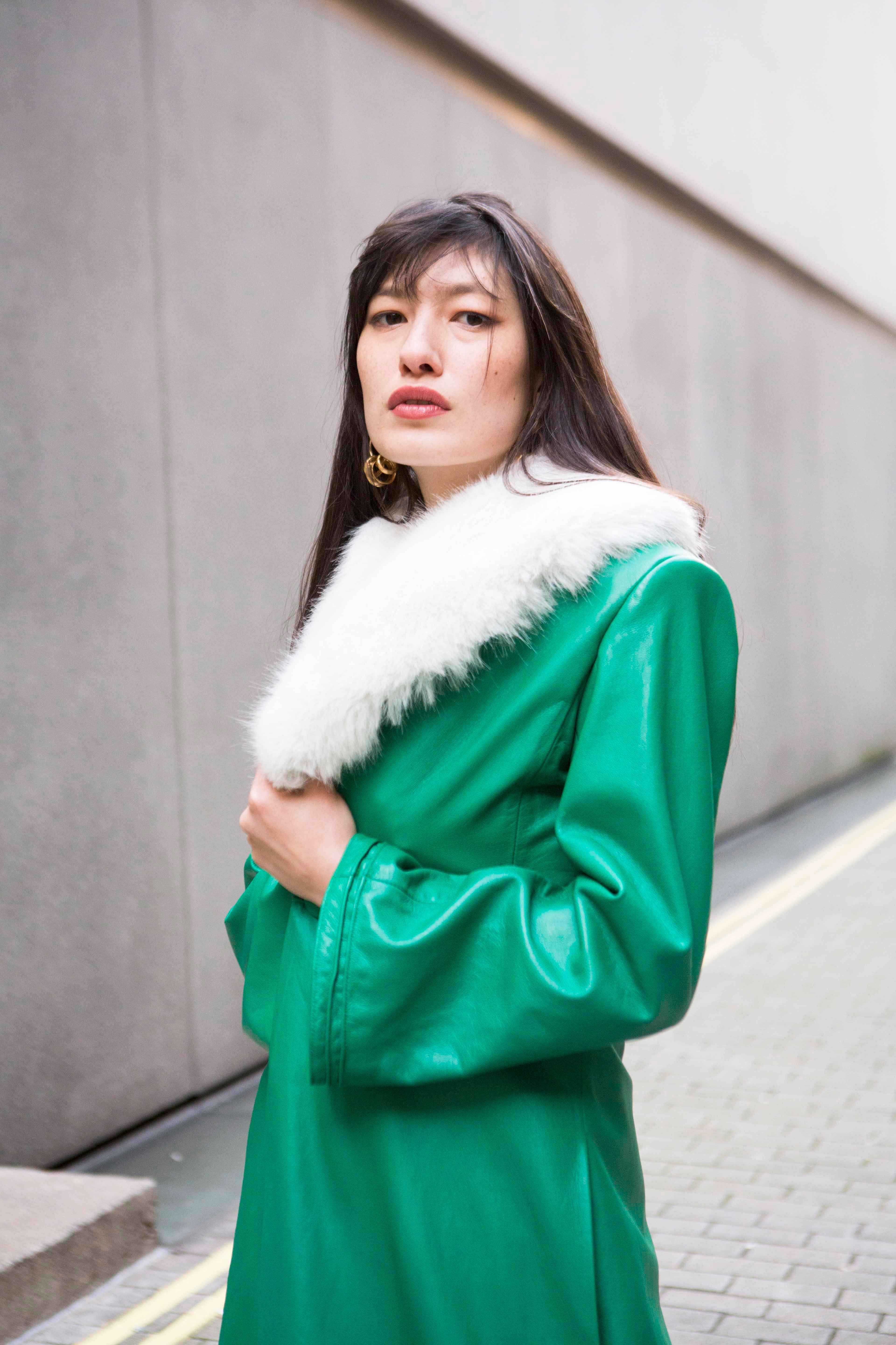 Verheyen London Edward Leather Coat in Green & White Faux Fur - Size 12 UK  For Sale 8