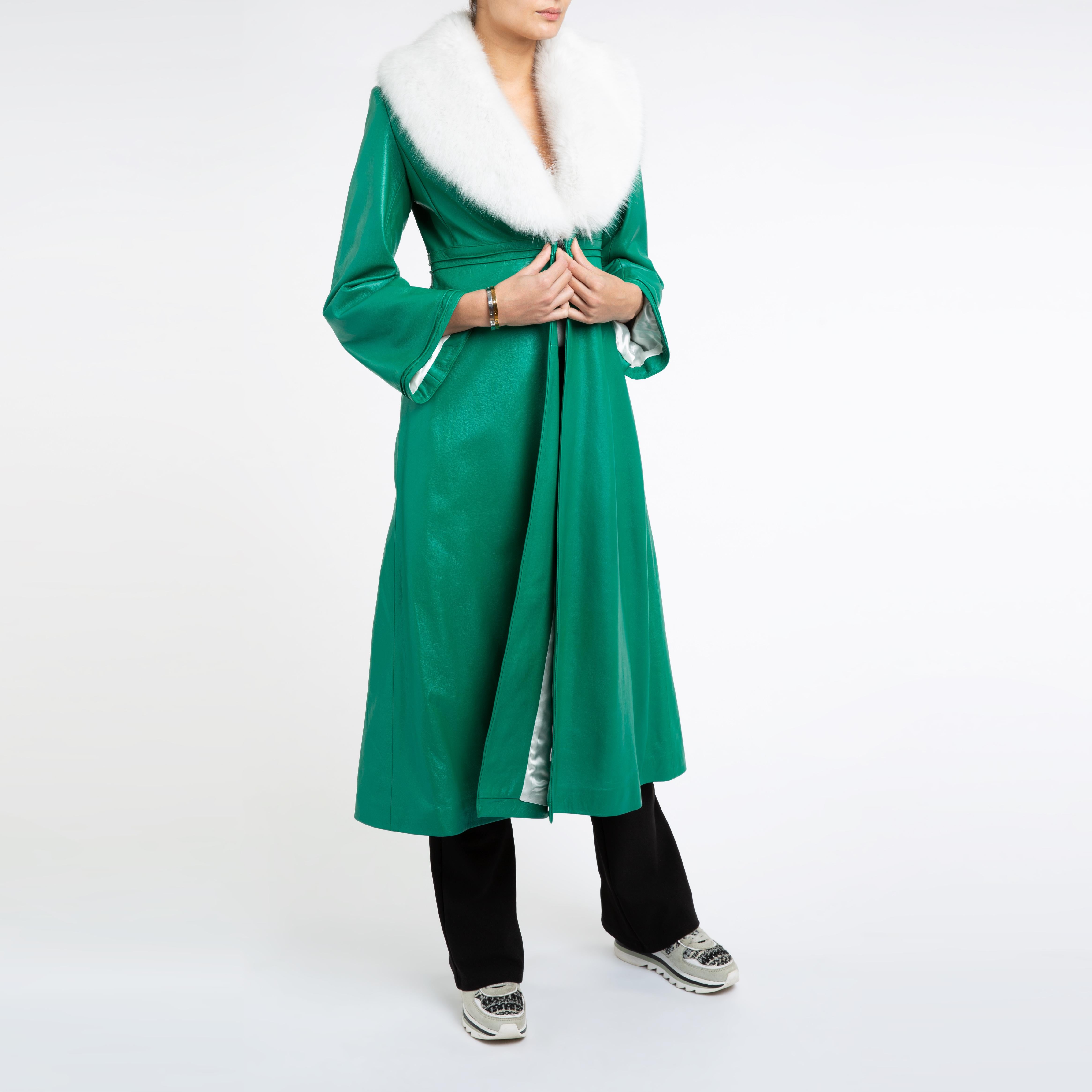 Blue Verheyen London Edward Leather Coat in Green & White Faux Fur - Size 12 UK  For Sale