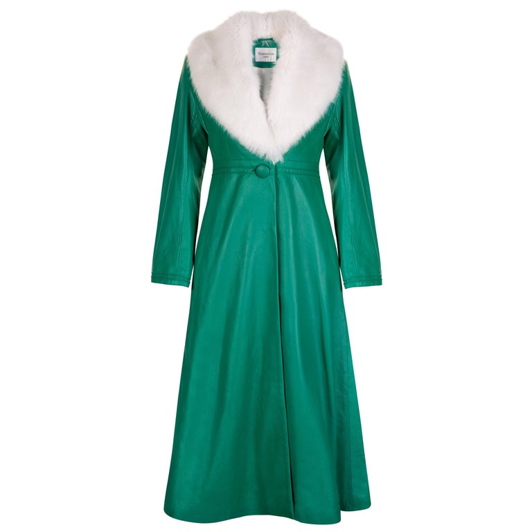 Verheyen London Edward Leather Coat in Green & White Faux Fur - Size 12 UK