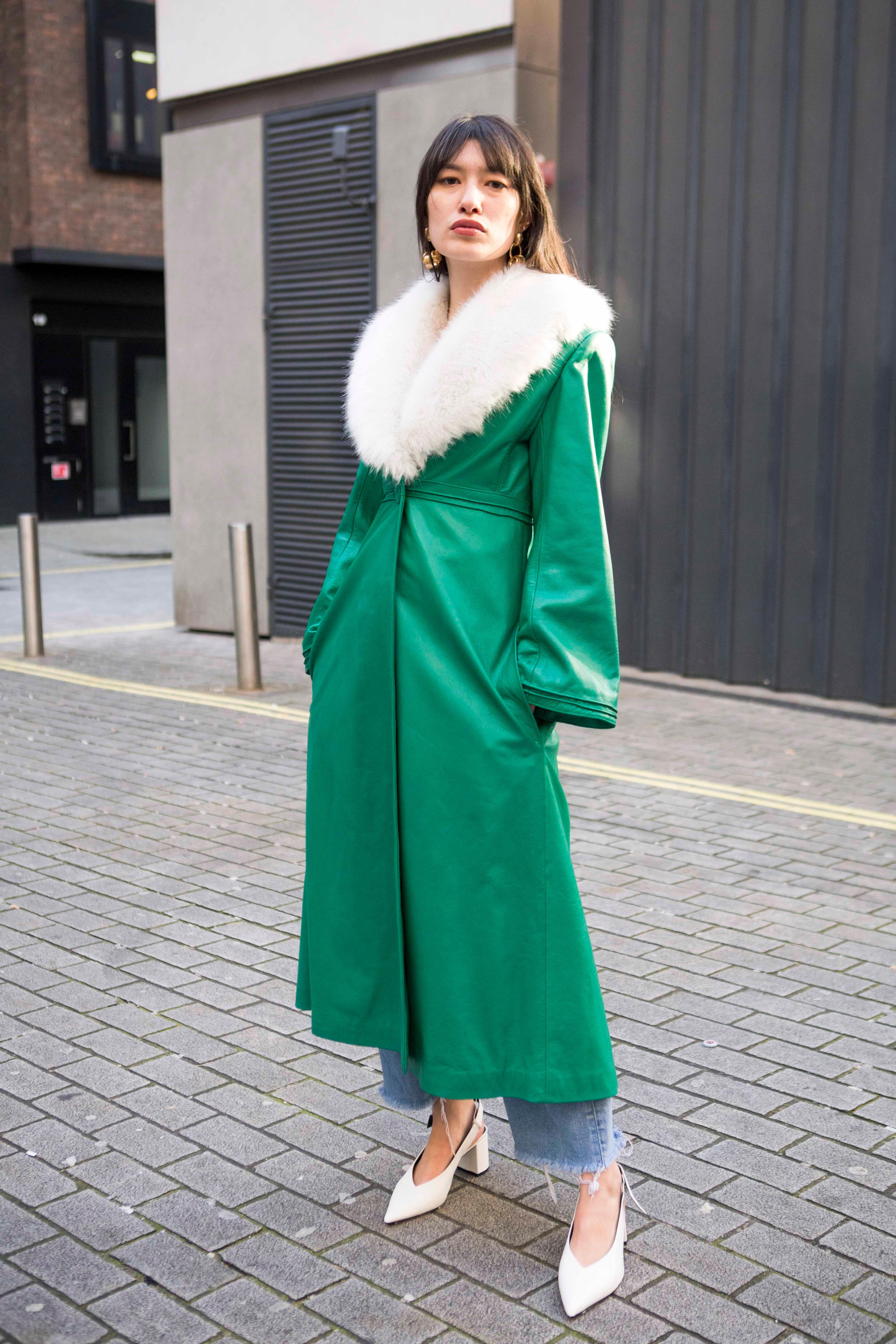 Verheyen London Edward Leather Coat in Green & White Faux Fur - Size 8 UK  For Sale 7