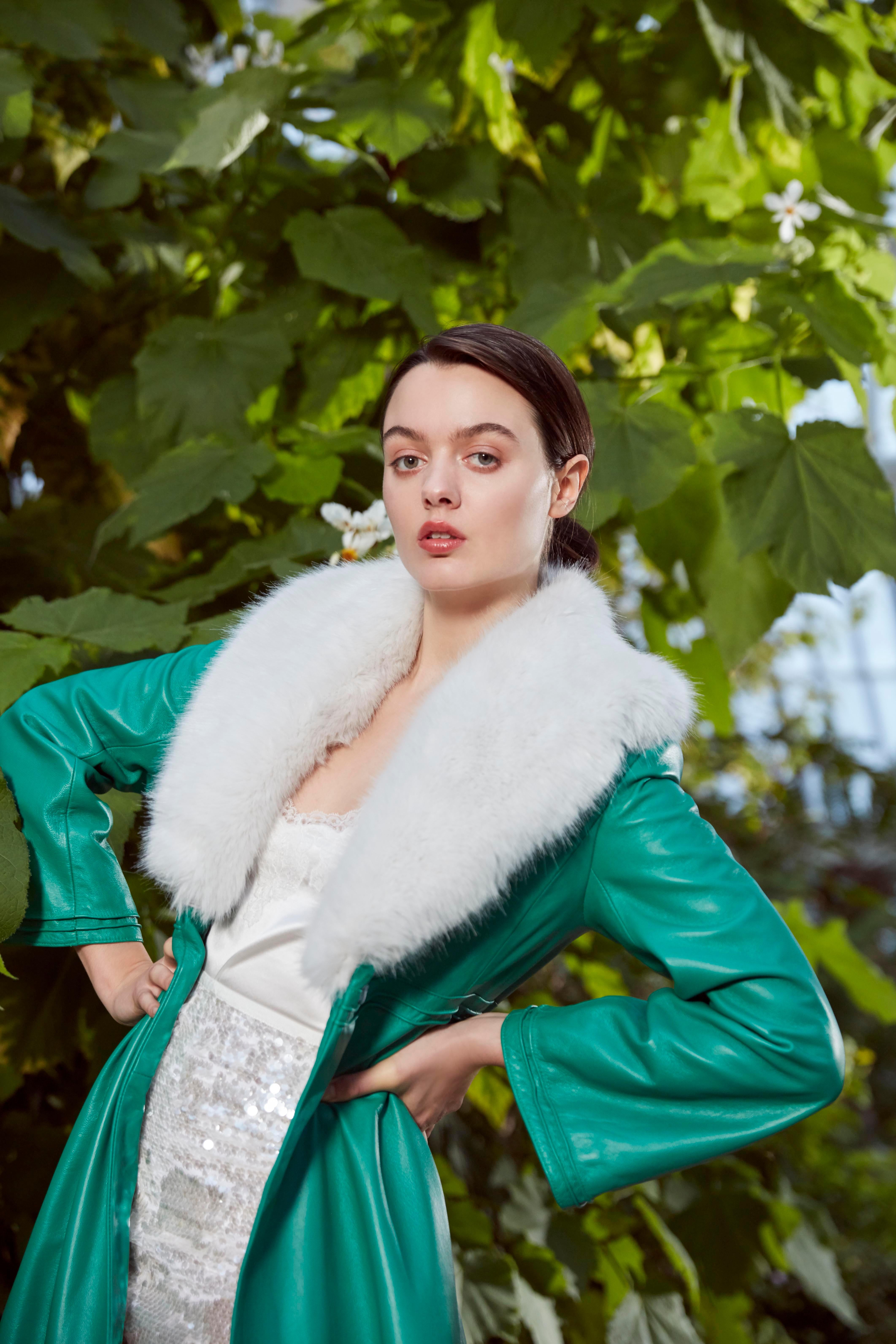 Blue Verheyen London Edward Leather Coat in Green & White Faux Fur - Size 8 UK 