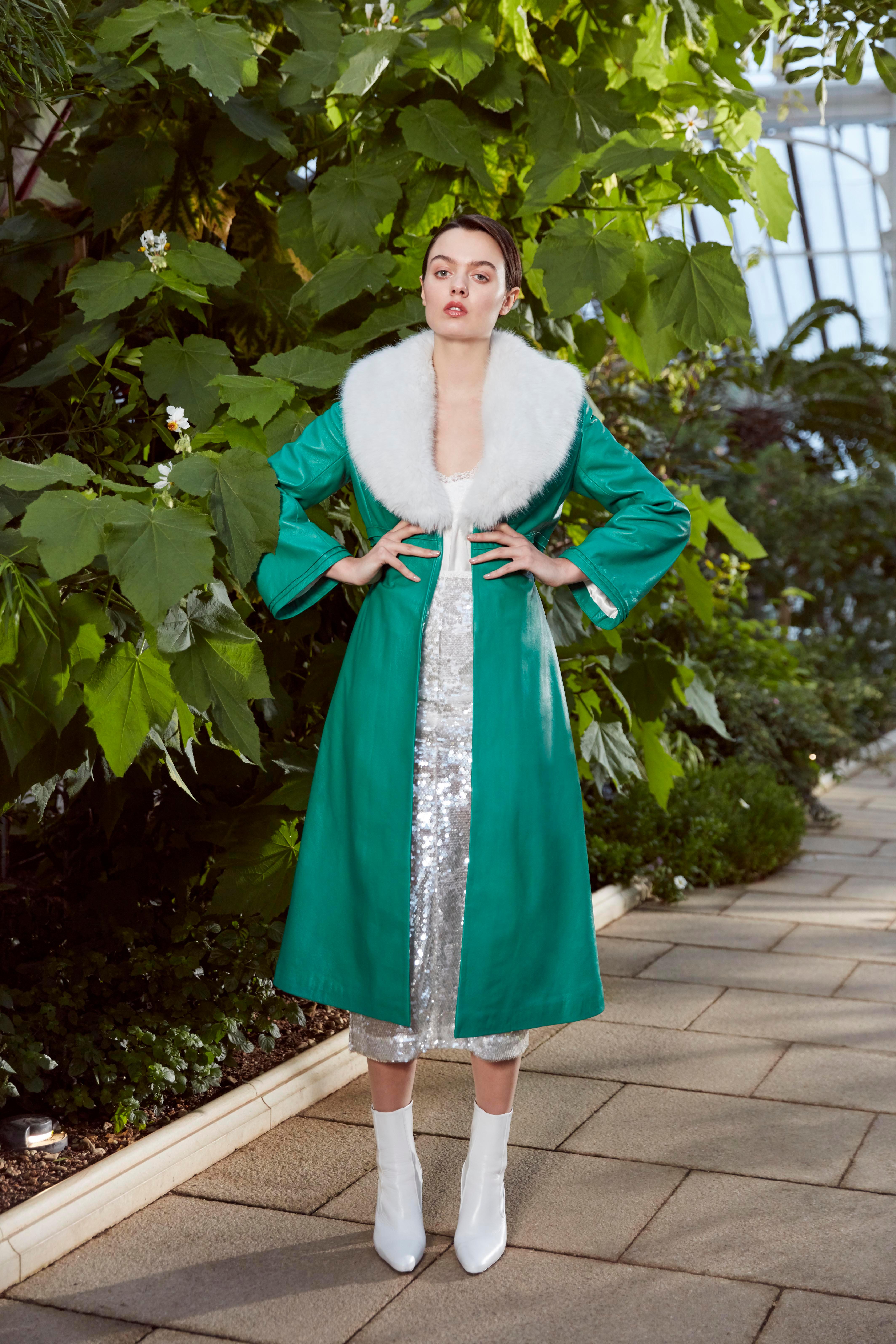 Verheyen London Edward Leather Coat in Green & White Faux Fur - Size 8 UK  For Sale 2