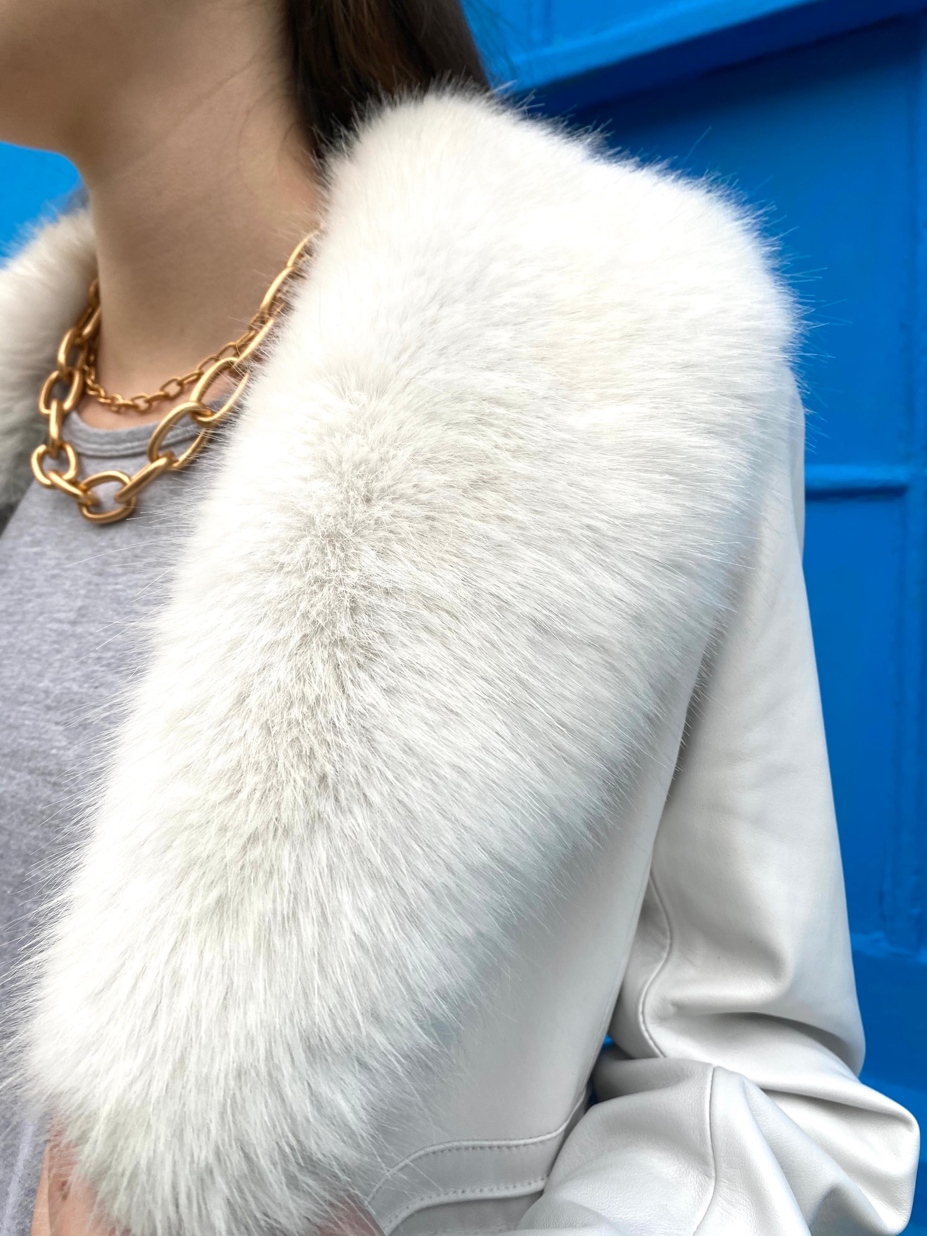 Women's Verheyen London Edward Leather Coat in White with Faux Fur - Size uk 14 For Sale