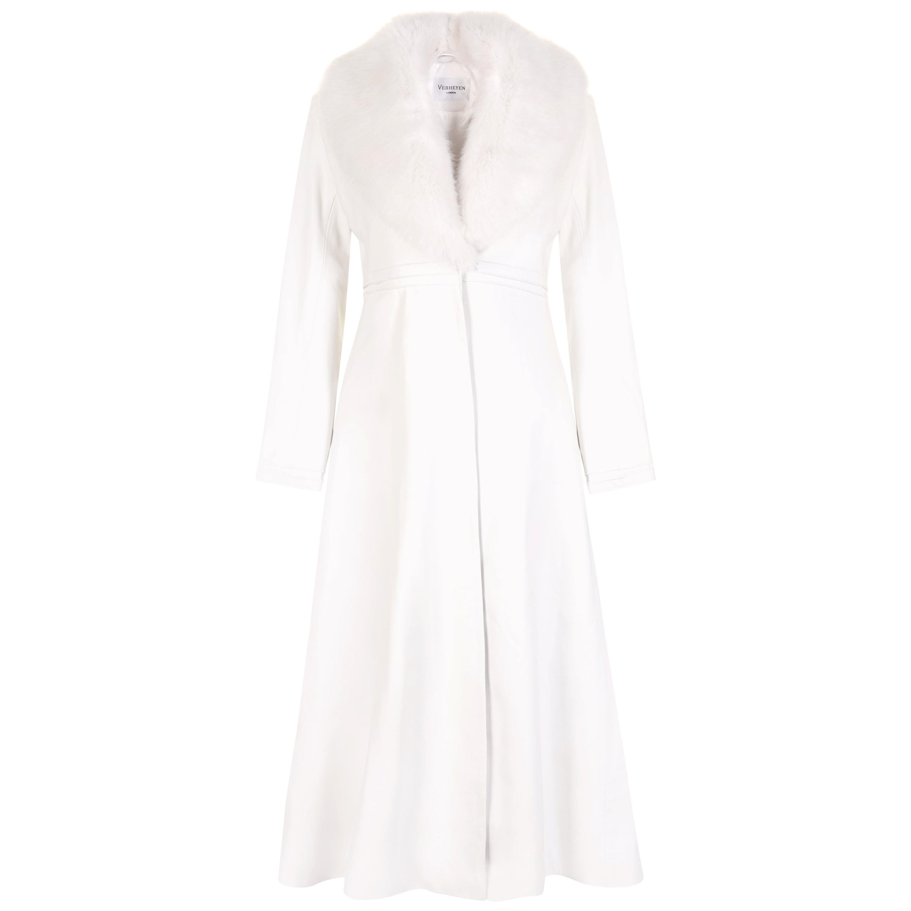 Verheyen London Edward Leather Coat in White with Faux Fur - Size uk 8 (Manteau en cuir blanc avec fausse fourrure) 
