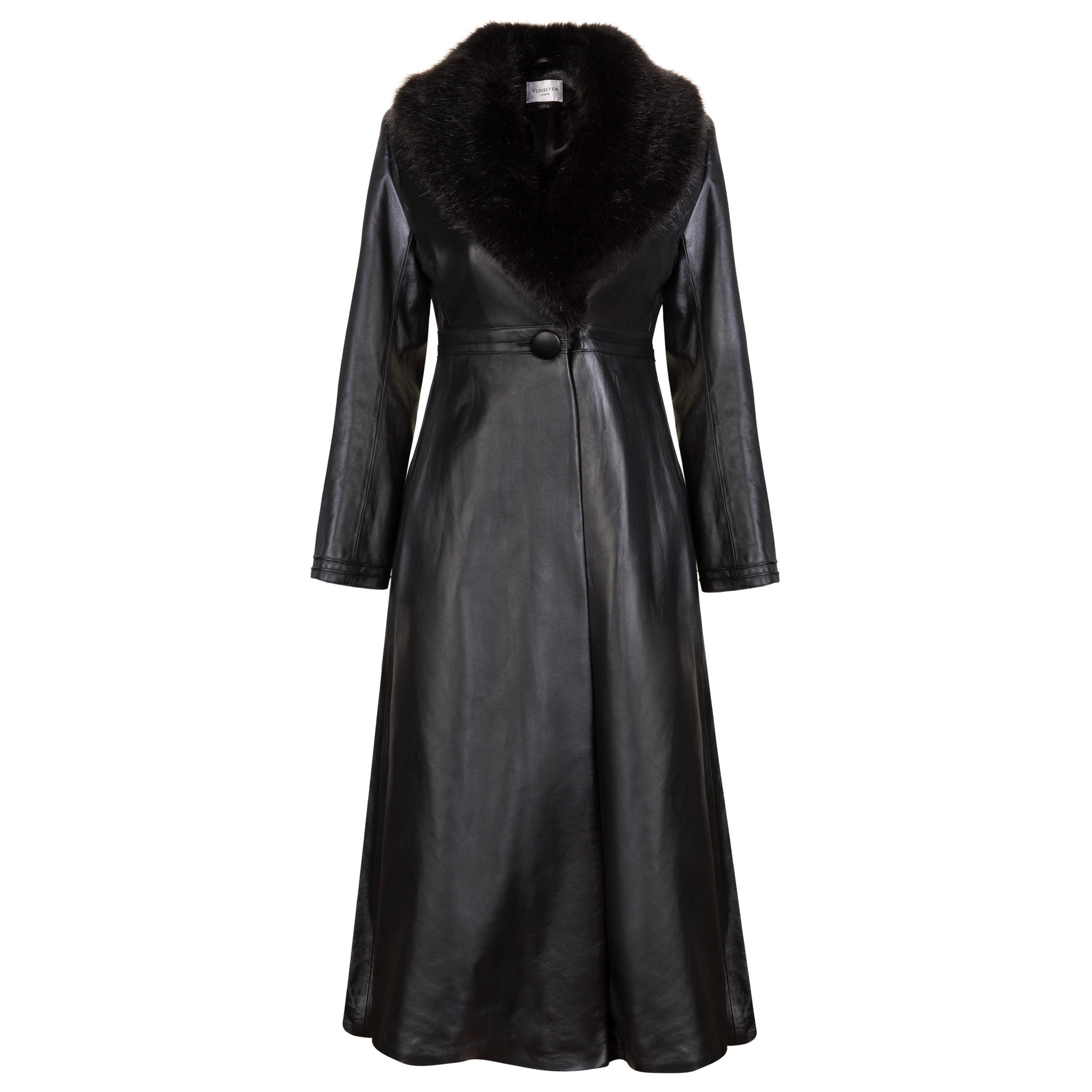 Verheyen London - Manteau en cuir Edward avec col en fausse fourrure en noir - Taille UK 10 en vente