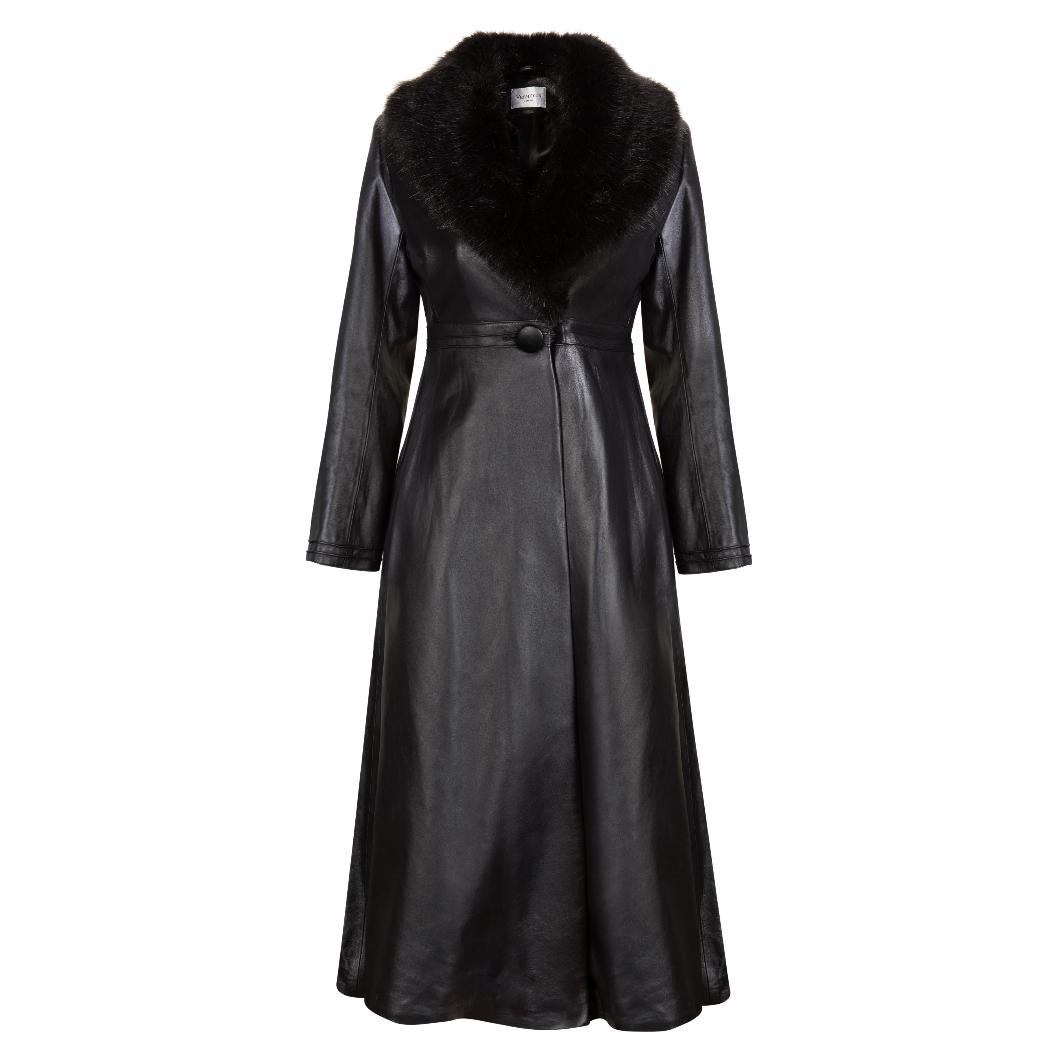 Verheyen London - Manteau en cuir Edward avec col en fausse fourrure en noir - Taille UK 10 en vente