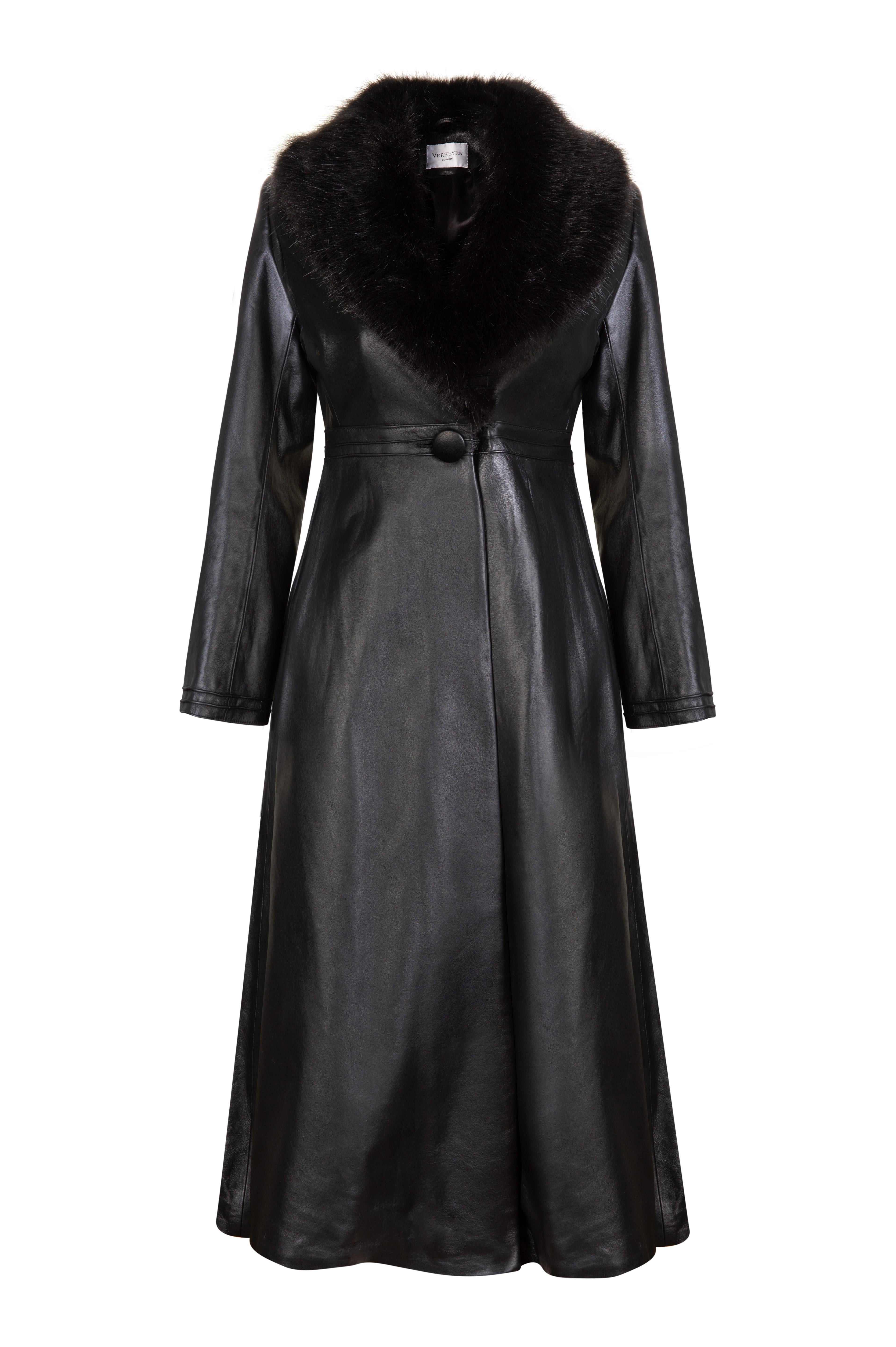 Verheyen London Edward Leather Coat with Faux Fur Collar in Black - Size uk 12 For Sale 13